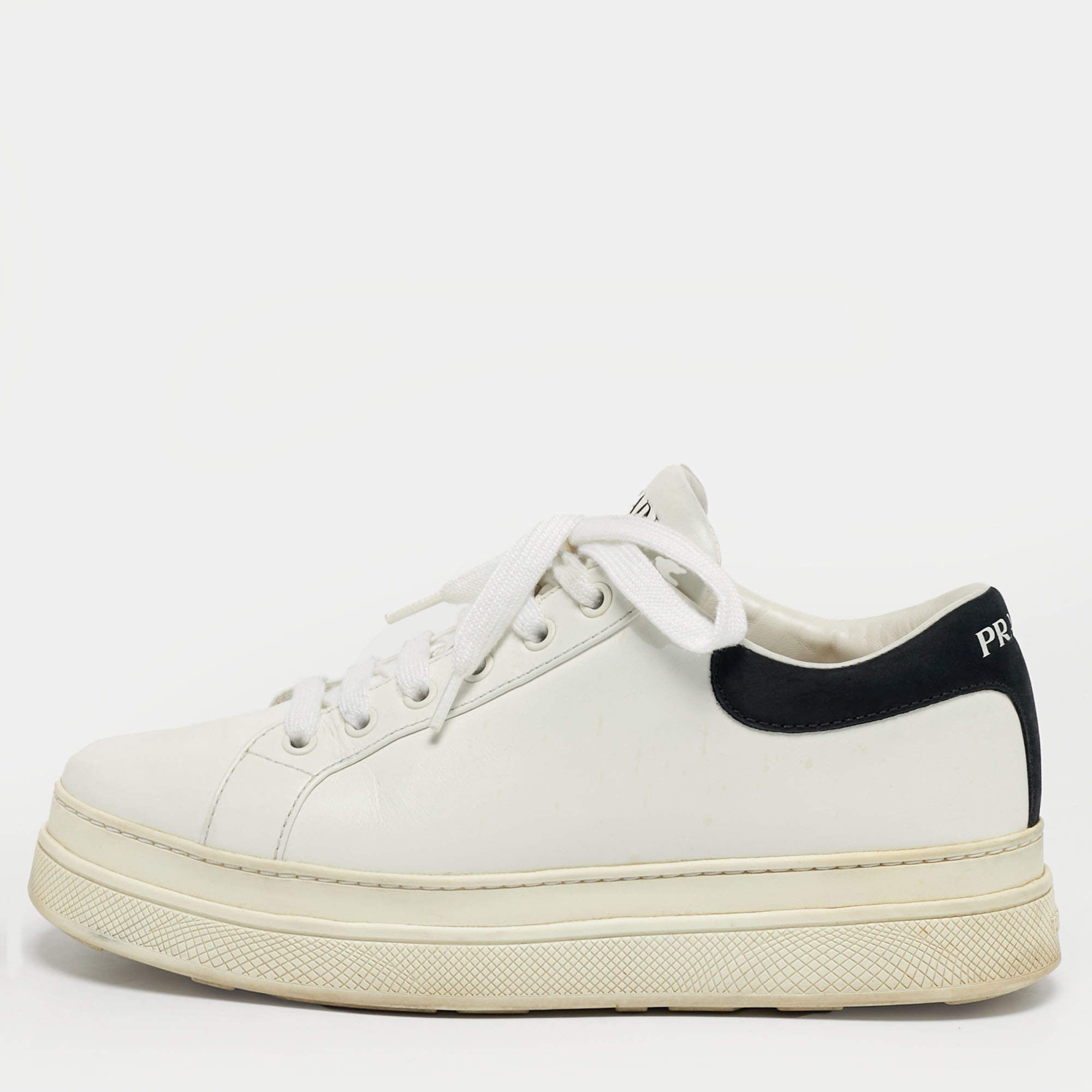 Pre Owned Prada White/Black Leather Lace Up Low Top Sneakers Size 38.5