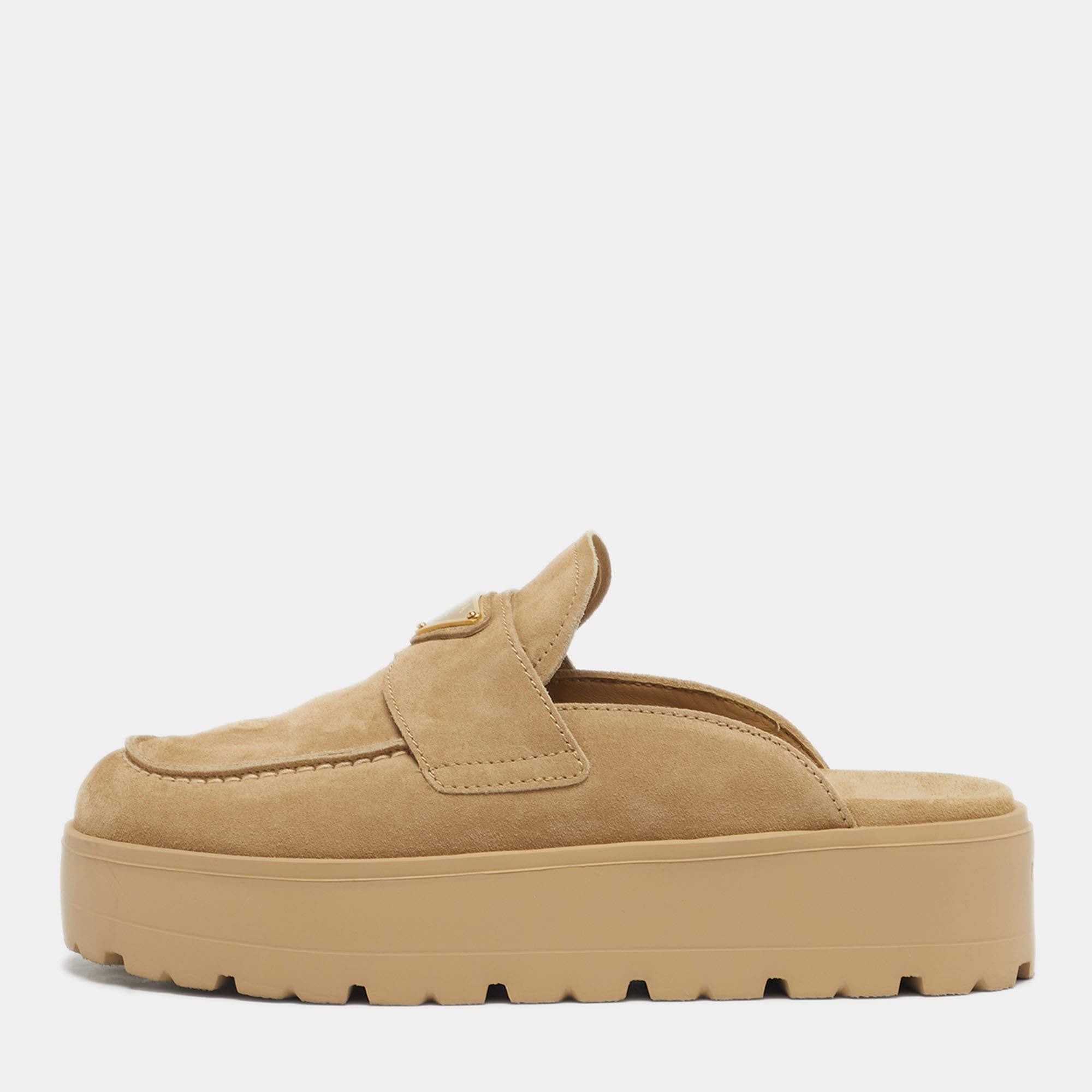 Pre Owned Prada Beige Suede San Tropez Mules Size 38.5