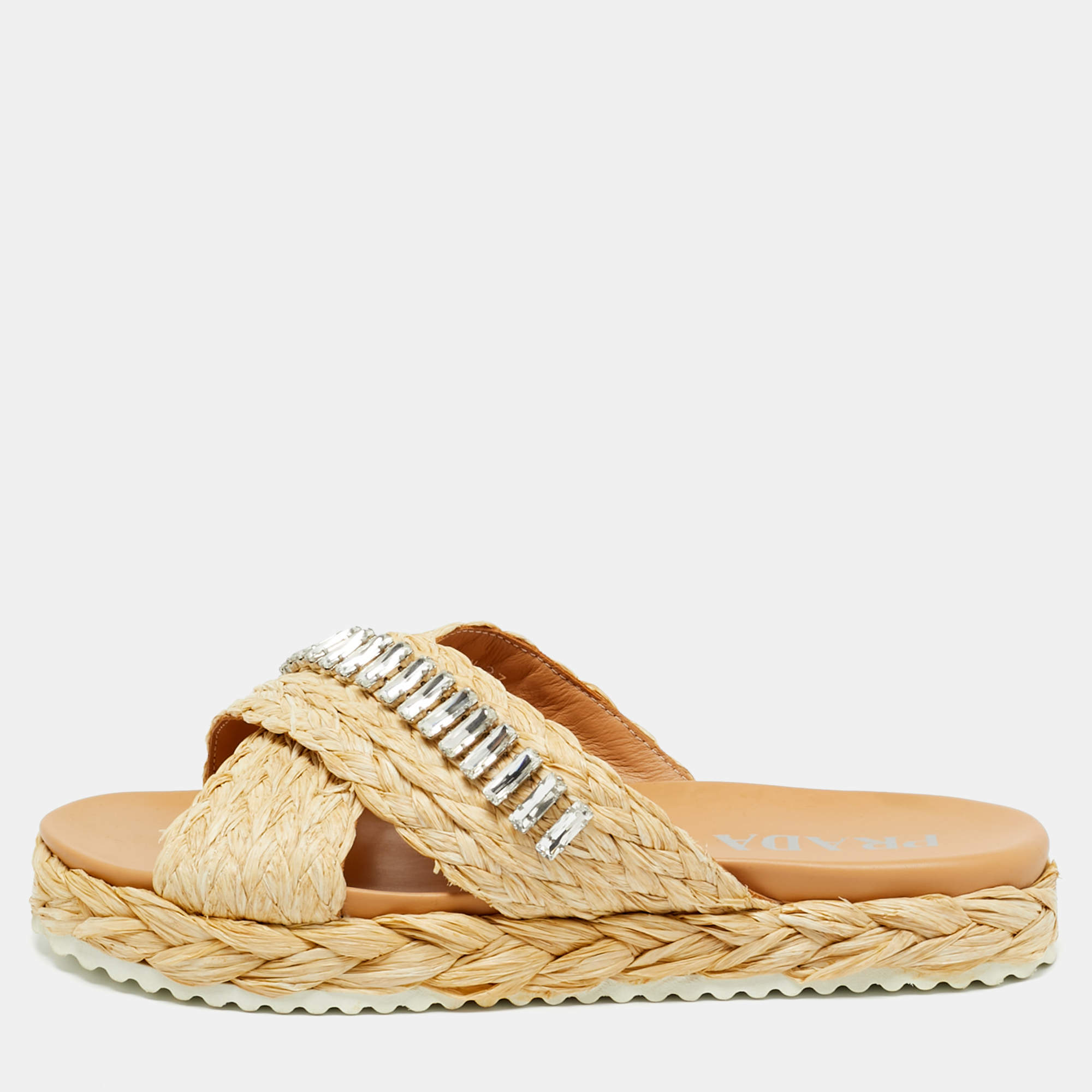 مملوكة مسبقًا Prada Beige Raffia Crystal Embellished Flat Slides Size 37