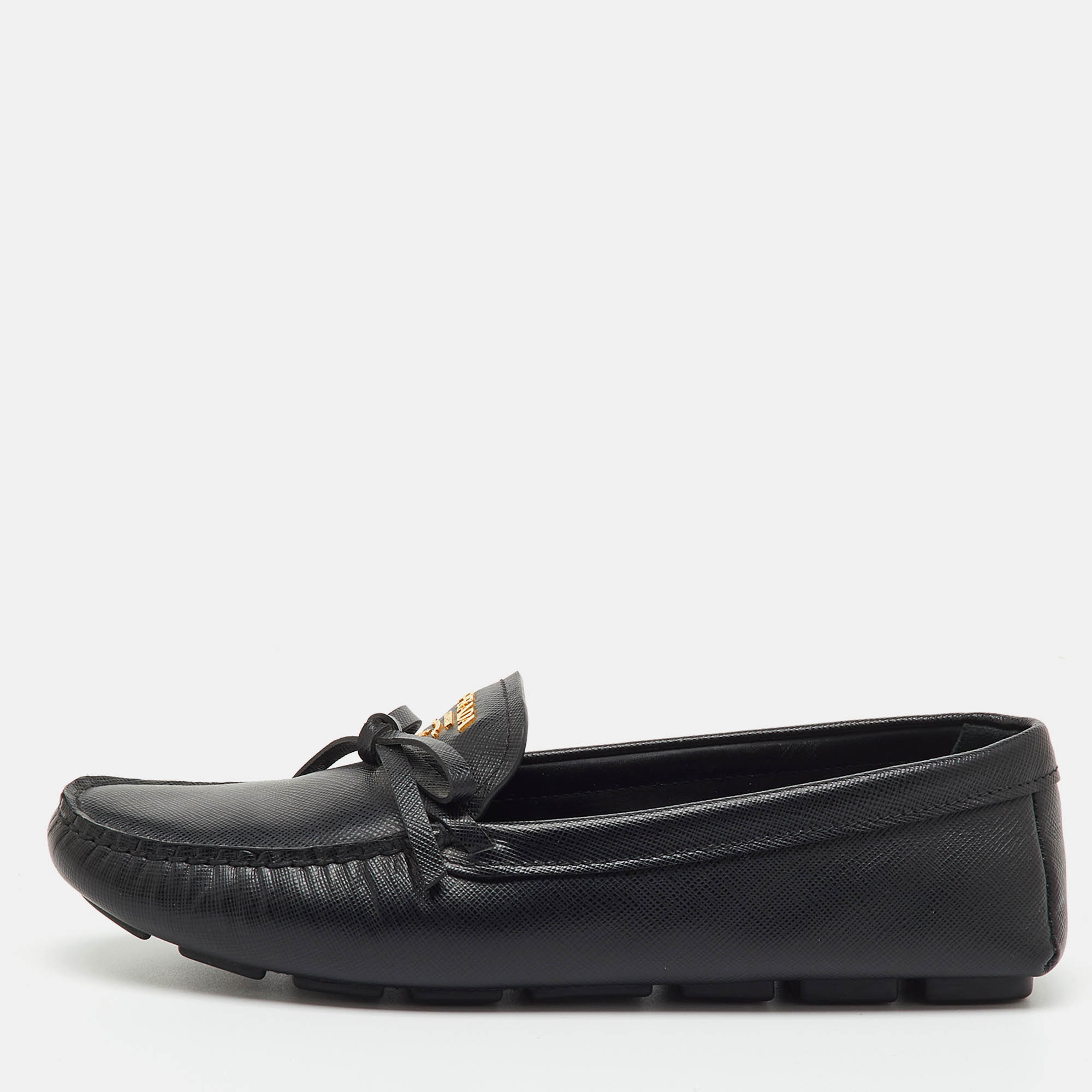 Pre Owned Prada Black Saffiano Leather Logo Bow Slip On Loafers Size 38.5