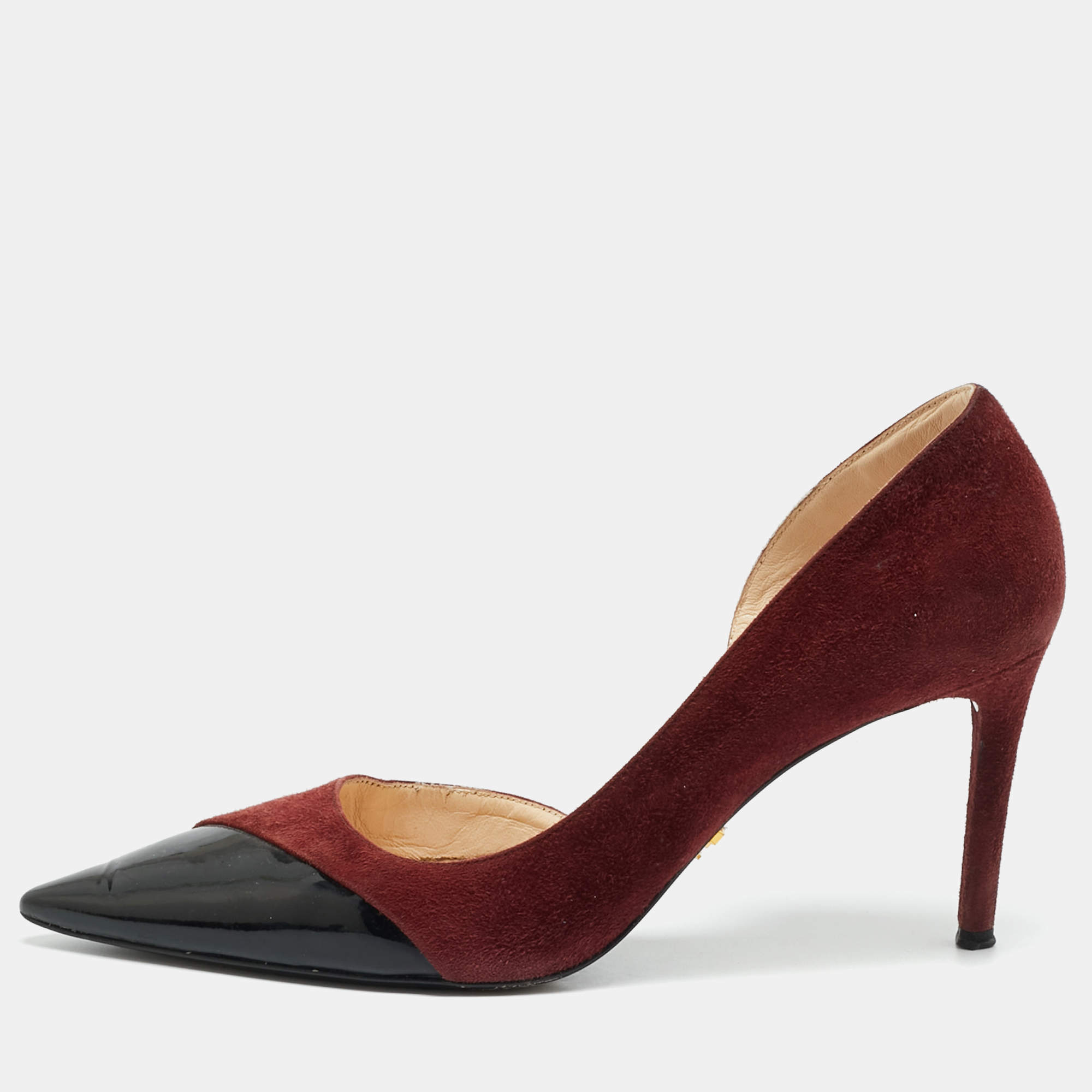 Pre Owned حذاء كعب عالي برادا جلد لامع وعنق جلد مخملي بوردو مقاس 36.5