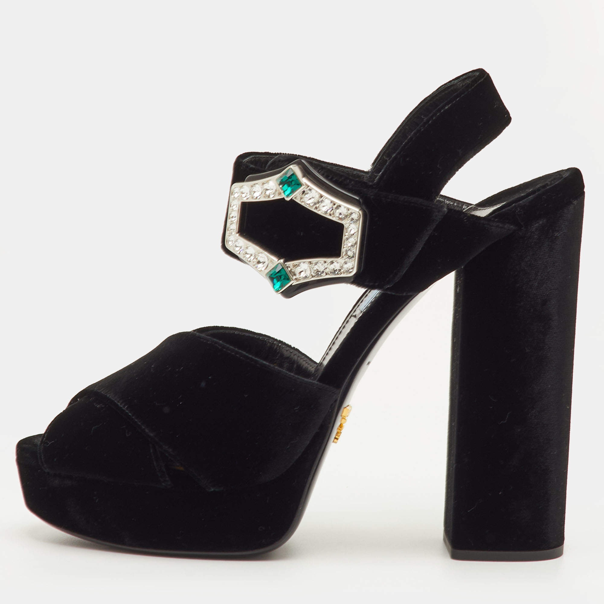 مملوكة مسبقًا Prada Size 40 Black Velvet Cross Strap Platform Crystal Block Heel Sandals