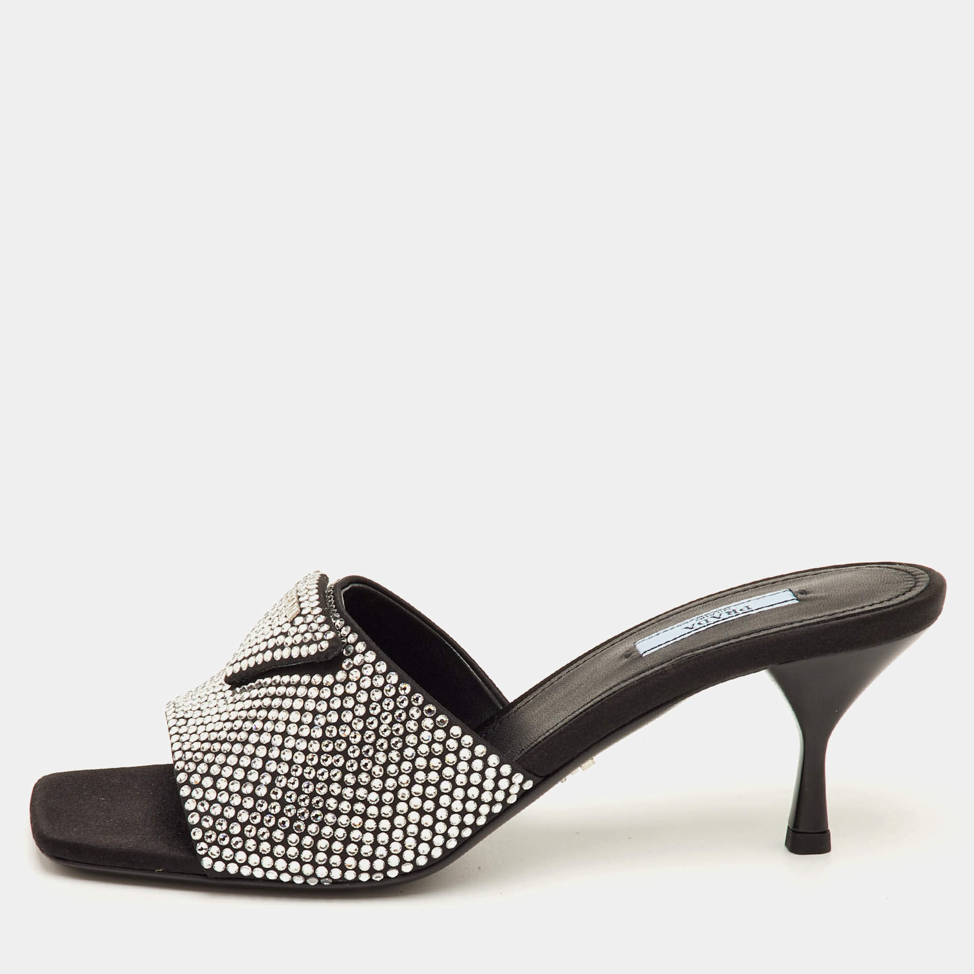 Pre Owned Prada Size 40 Black Satin Crystal Embellished Slide Sandals
