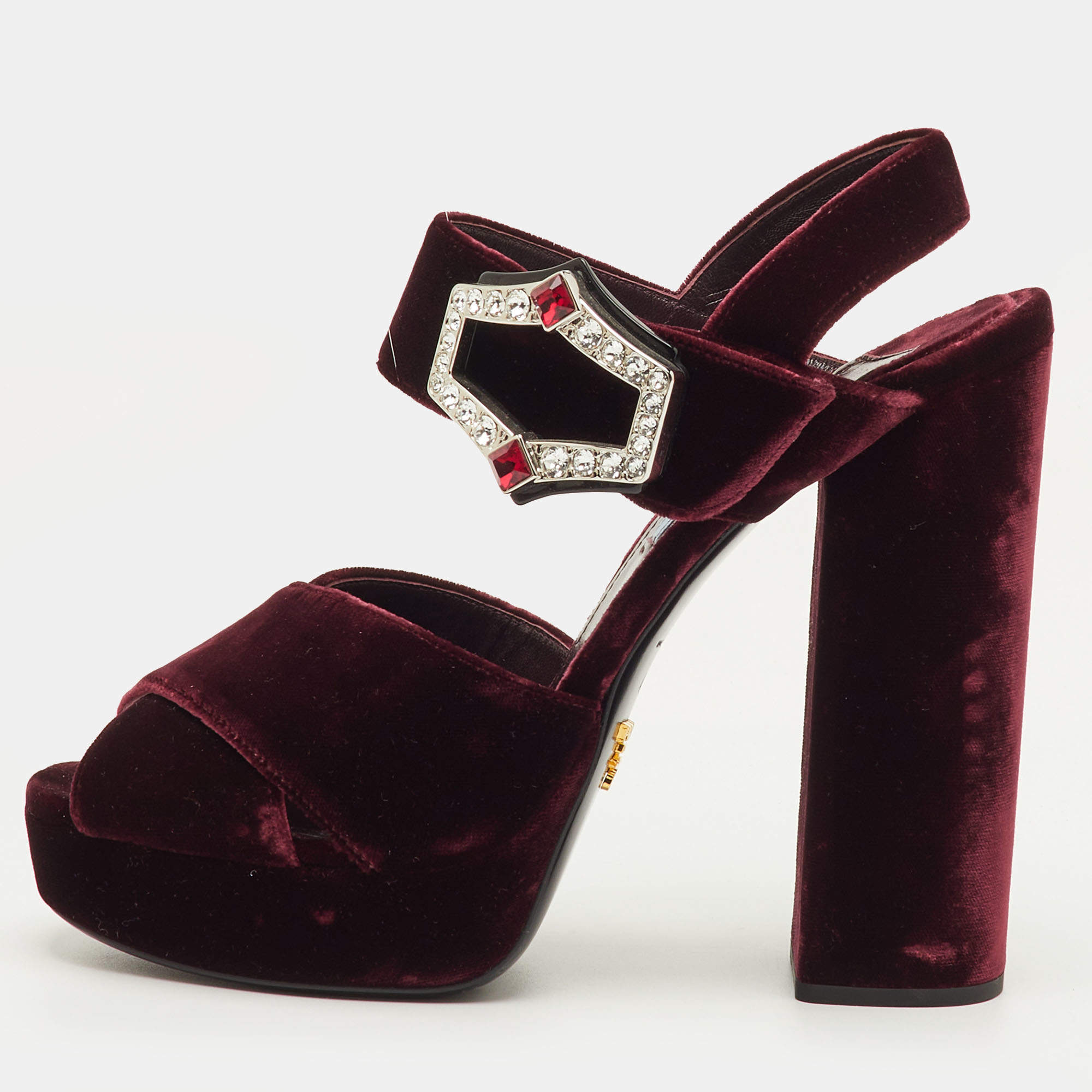 مملوكة مسبقًا Prada Size 40 Burgundy Velvet Cross Strap Platform Crystal Block Heel Sandals