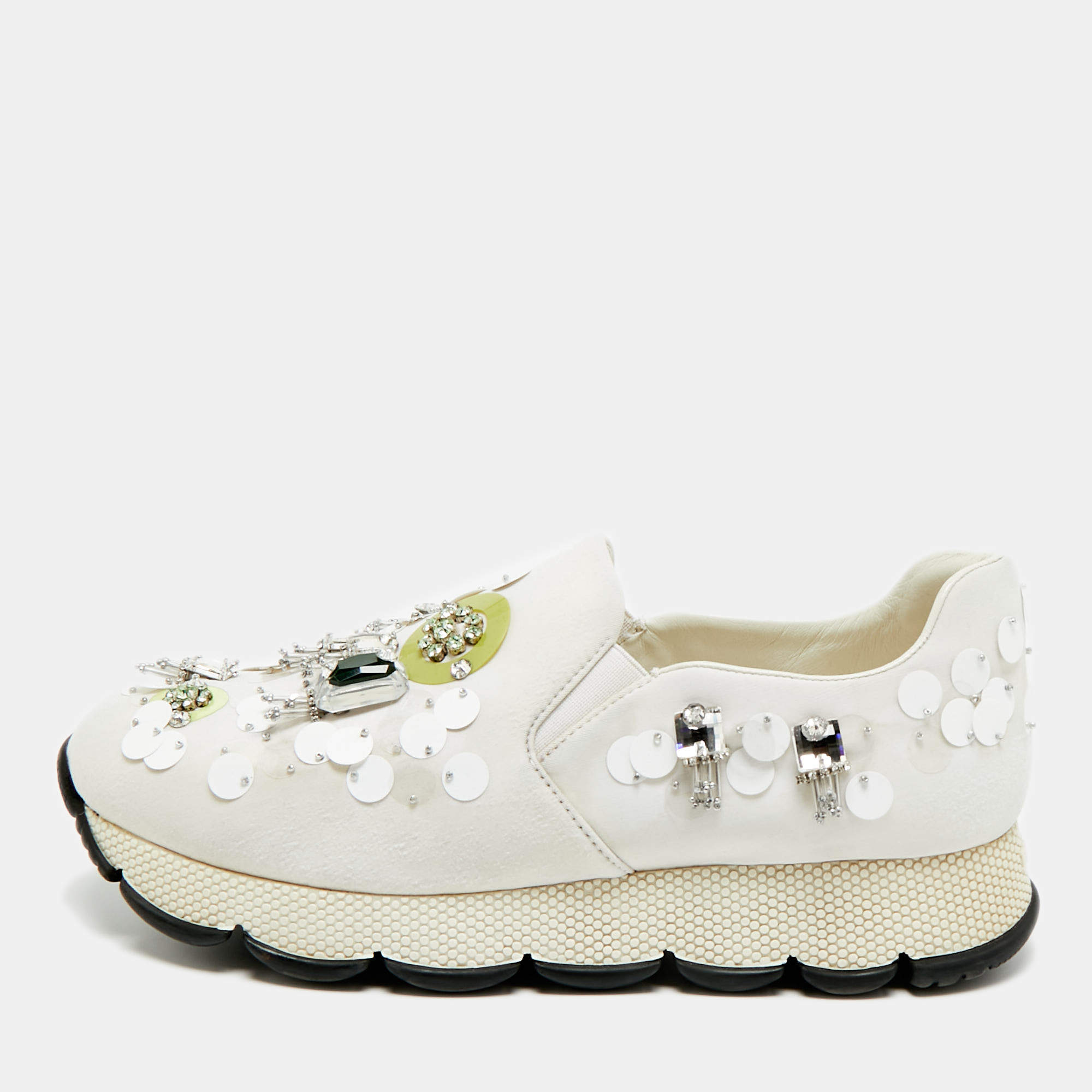 مملوكة مسبقًا Prada Size 38.5 White Fabric Crystal Embellished Slip On Sneakers