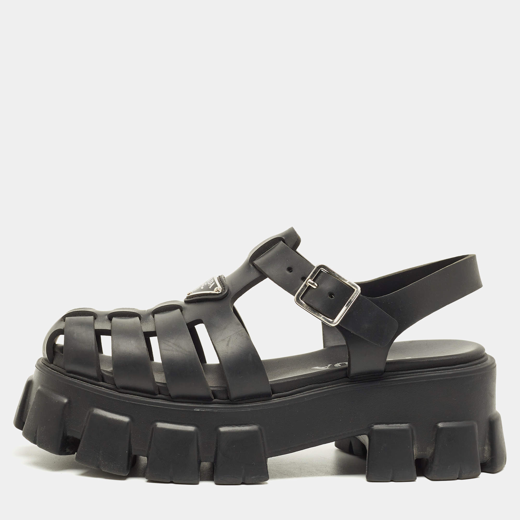 Pre Owned Prada Monolith Size 38 Black Rubber Platform Sandals