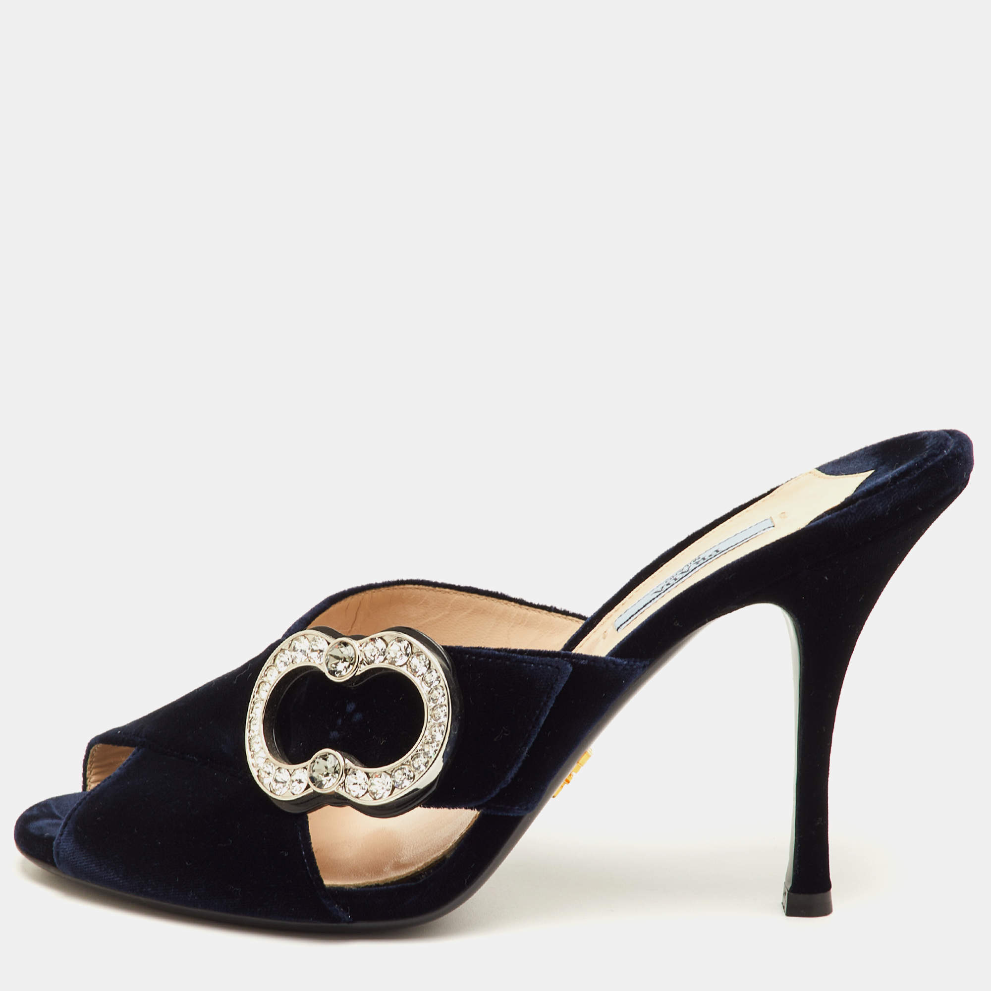 مملوكة مسبقًا Prada Size 40.5 Navy Blue Velvet Crystal Embellished Slide Sandals