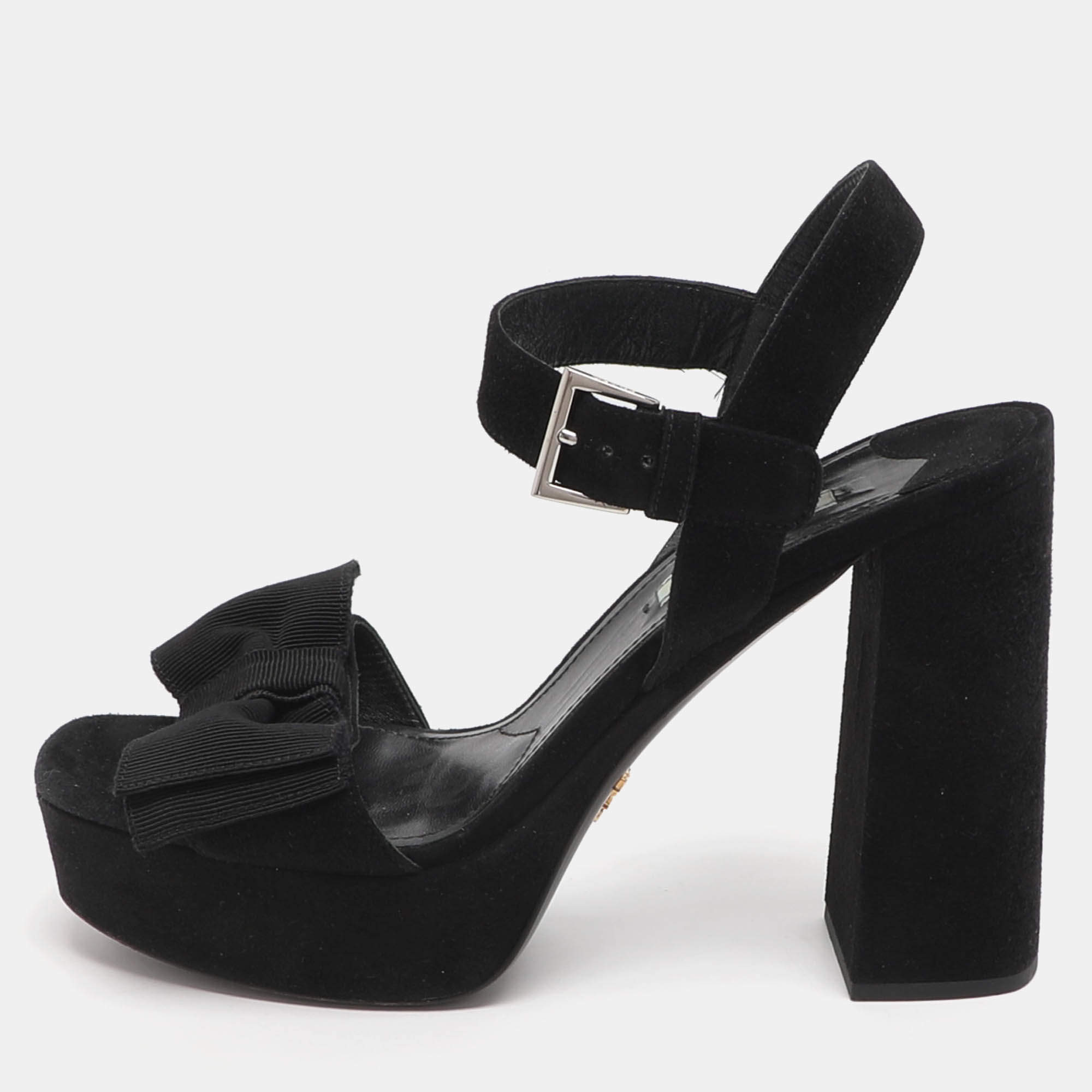 مملوكة مسبقًا Prada Bow Size 39 Black Suede Ankle Strap Platform Sandals