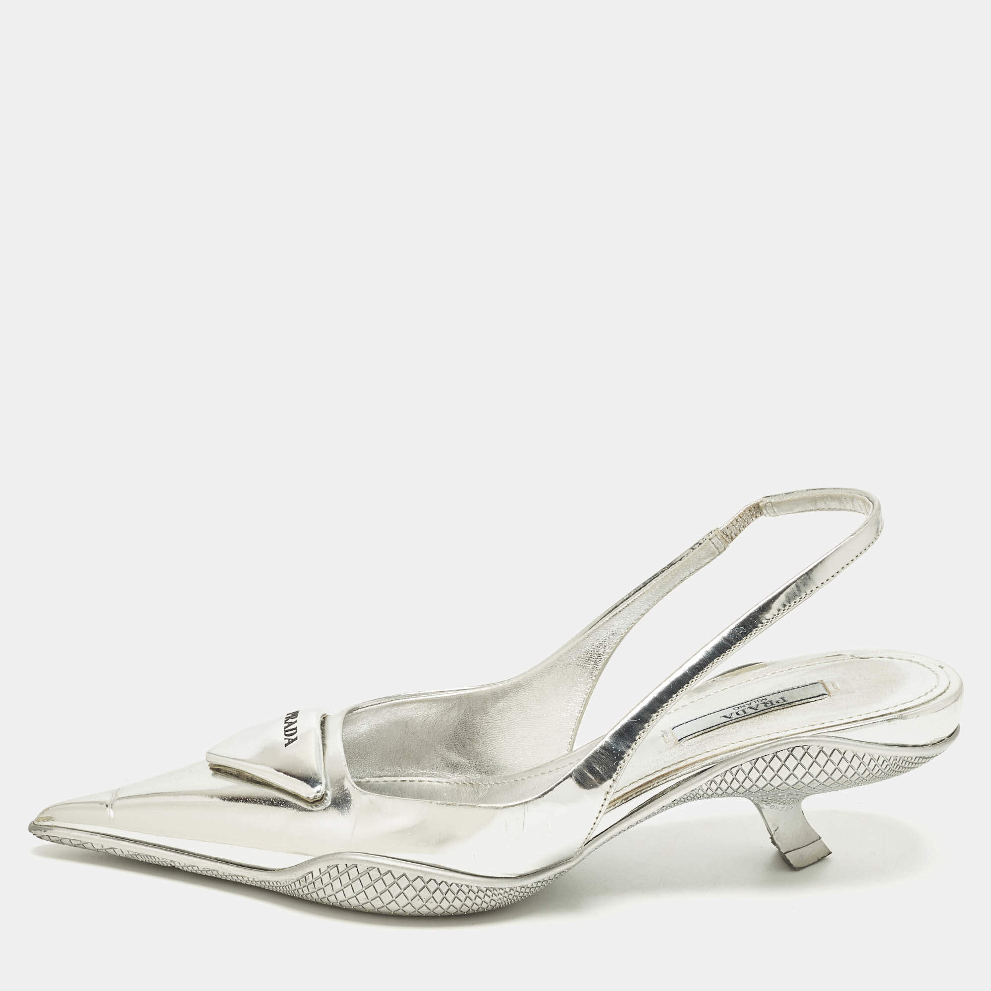 Pre Owned Prada Size 36 Silver Leather Pointed Slingback Pumps