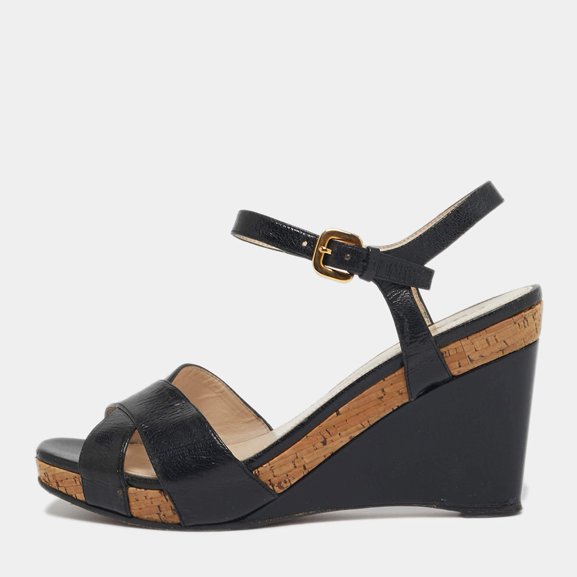 Pre Owned Prada Size 39.5 Black Leather Crisscross Wedge Sandals
