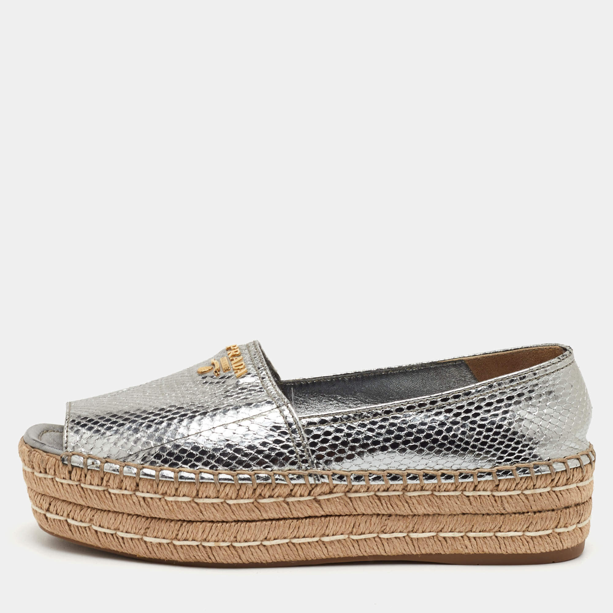 Pre Owned Prada Size 41 Metallic Silver Snakeskin Embossed Leather Platform Espadrille Sandals