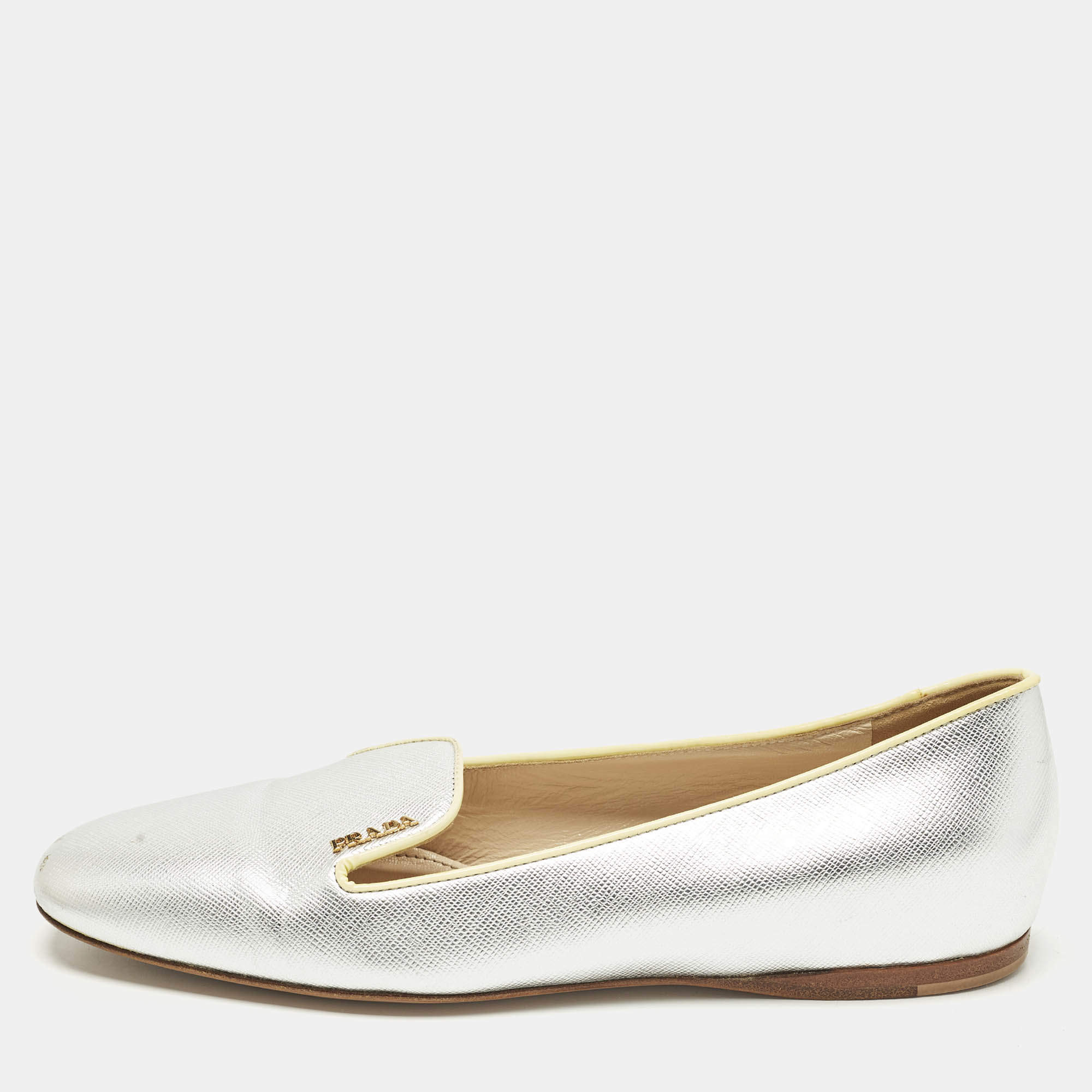 Pre Owned Prada Size 36 Metallic Saffiano Leather Smoking Slippers