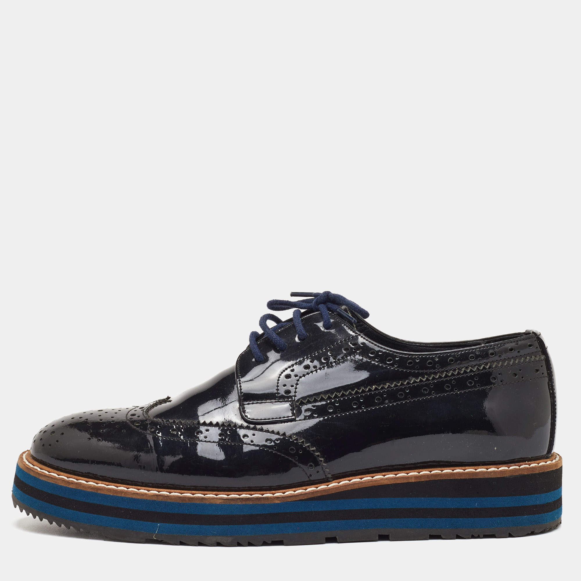 Pre Owned Prada Size 38 Black Brogue Patent Leather Lace Up Platform Derby Sneakers