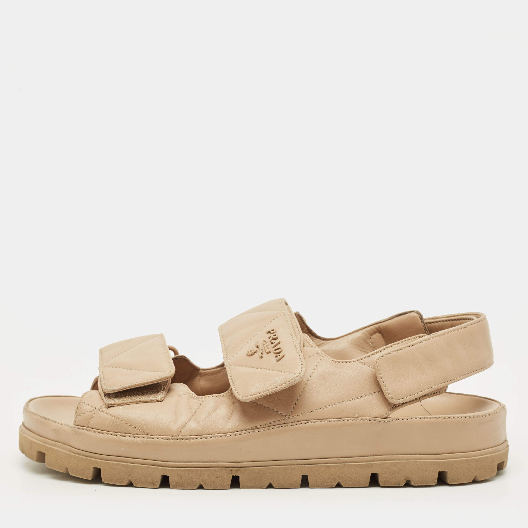 Pre Owned Prada Size 38.5 Beige Leather Velcro Slide Sandals