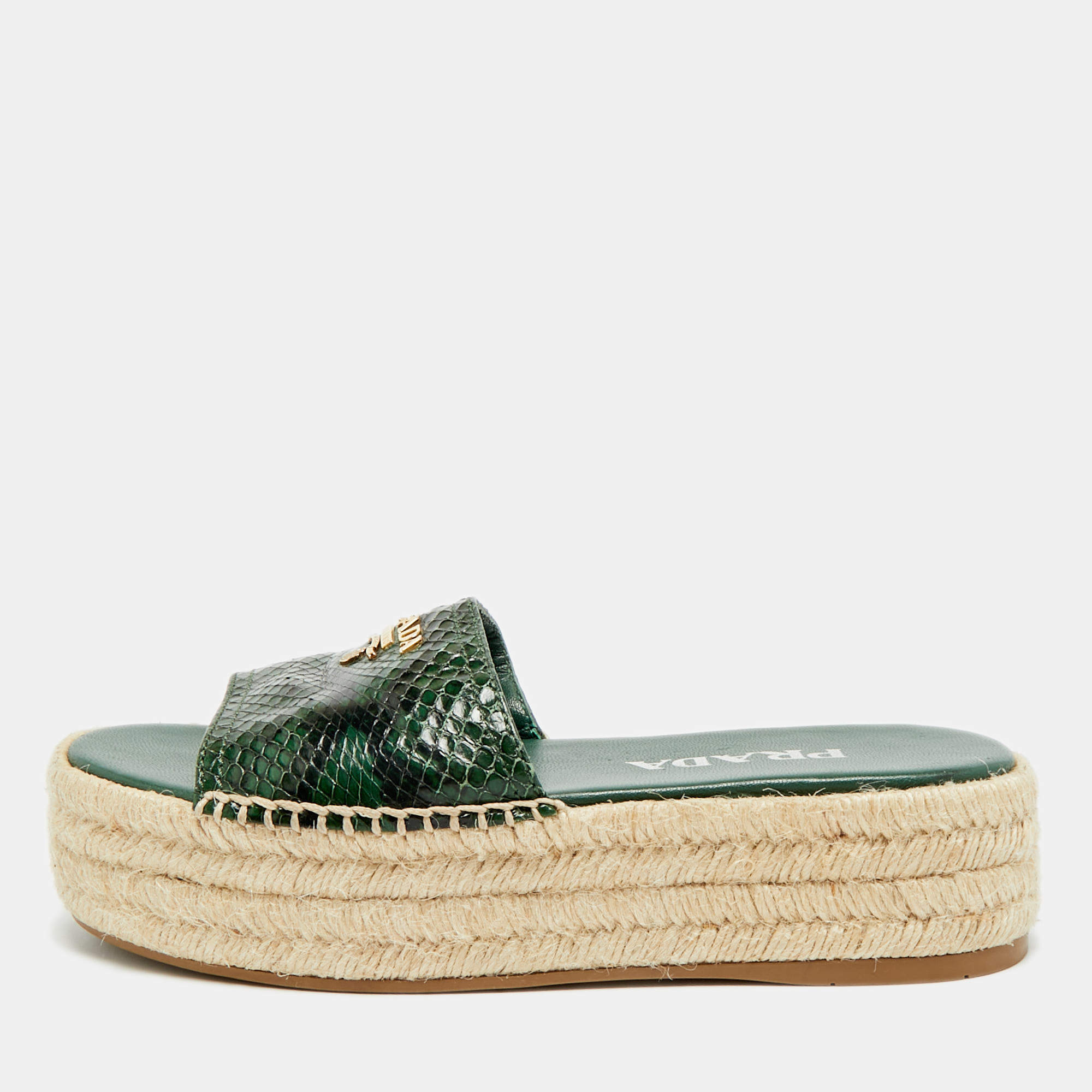 Pre Owned Prada Size 36 Green Python Embossed Leather Platform Espadrille Sandals 