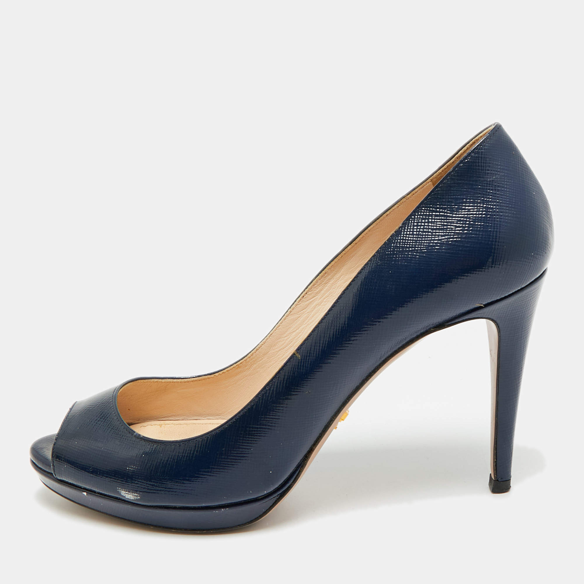 Pre Owned Prada Size 38 Navy Blue Saffiano Leather Platform Peep Toe Pumps