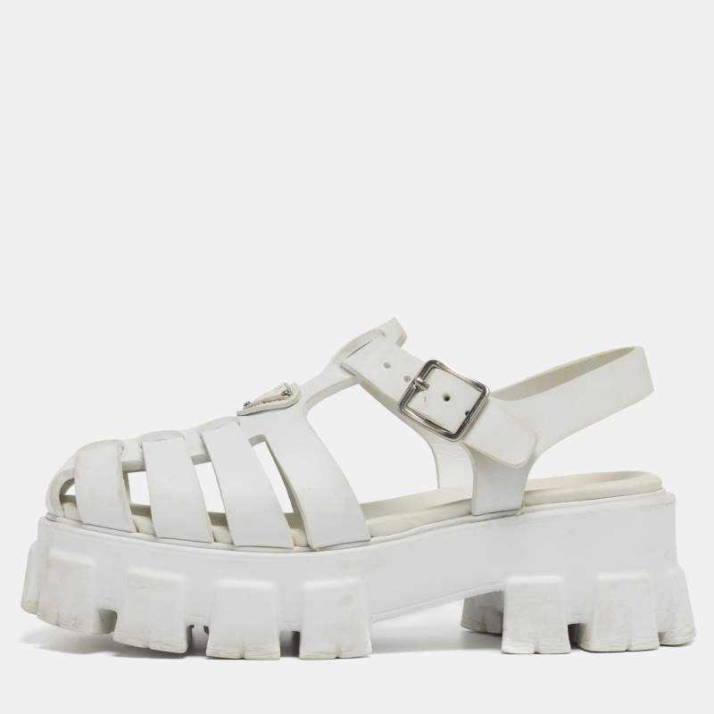 Pre Owned Prada Monolith Size 37 White Rubber Ankle Strap Sandals
