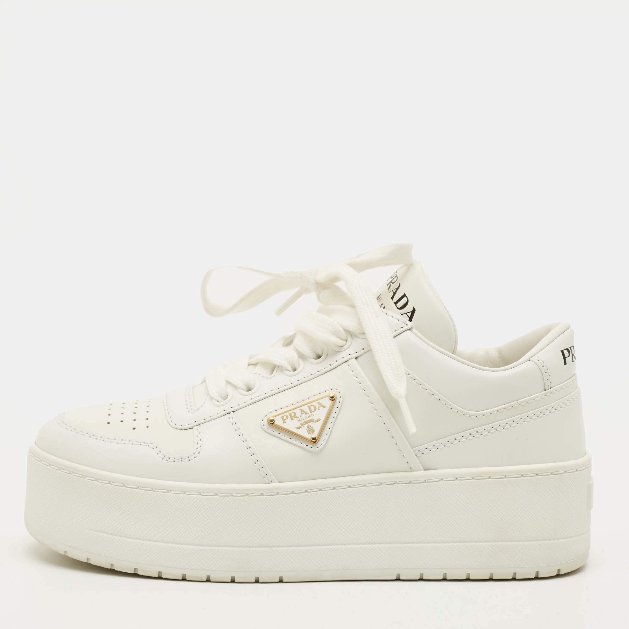 Pre Owned Prada Downtown Size 35 White Leather Bold Platform Low Top Sneakers