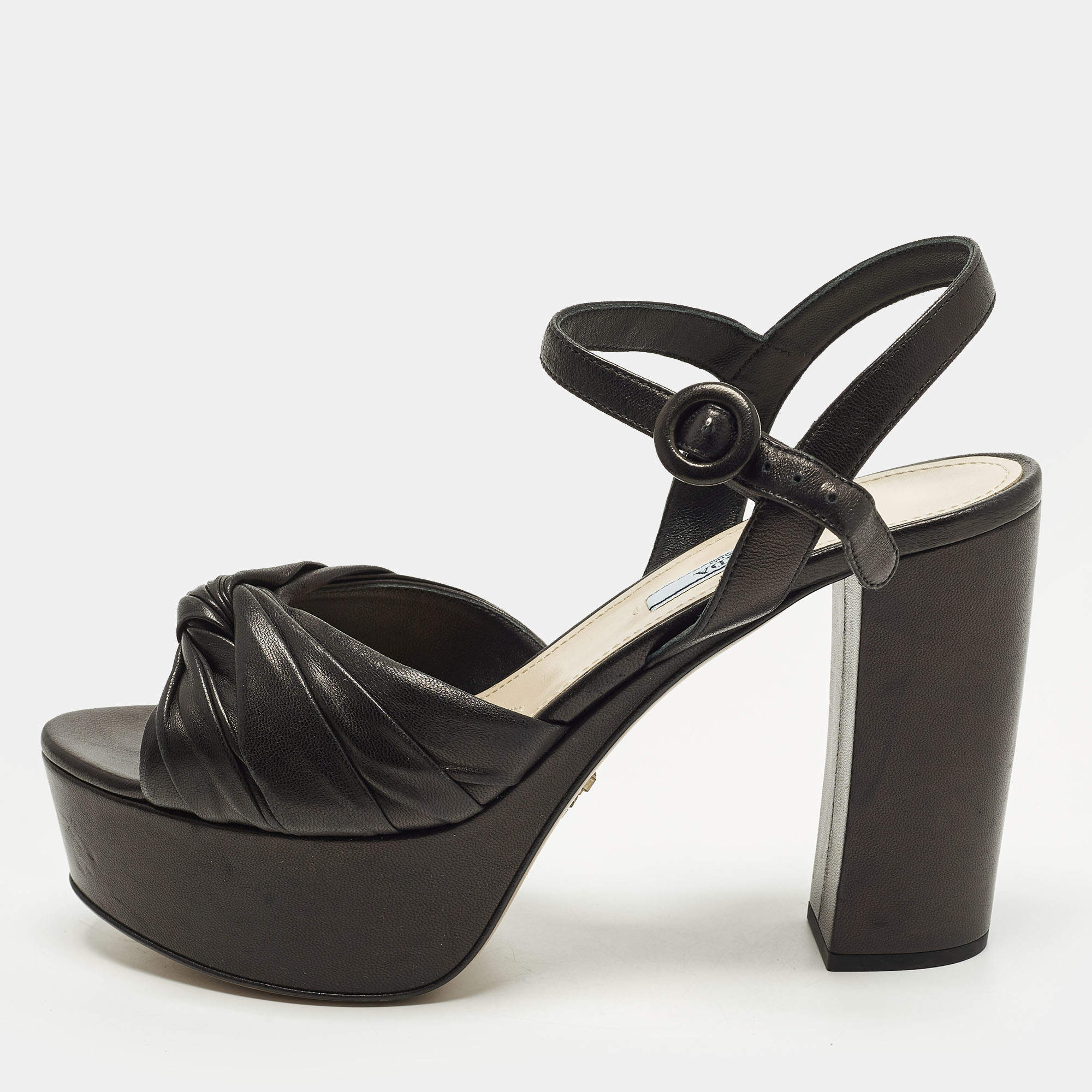 Pre Owned Prada Size 38 Black Leather Platform Ankle Strap Sandals