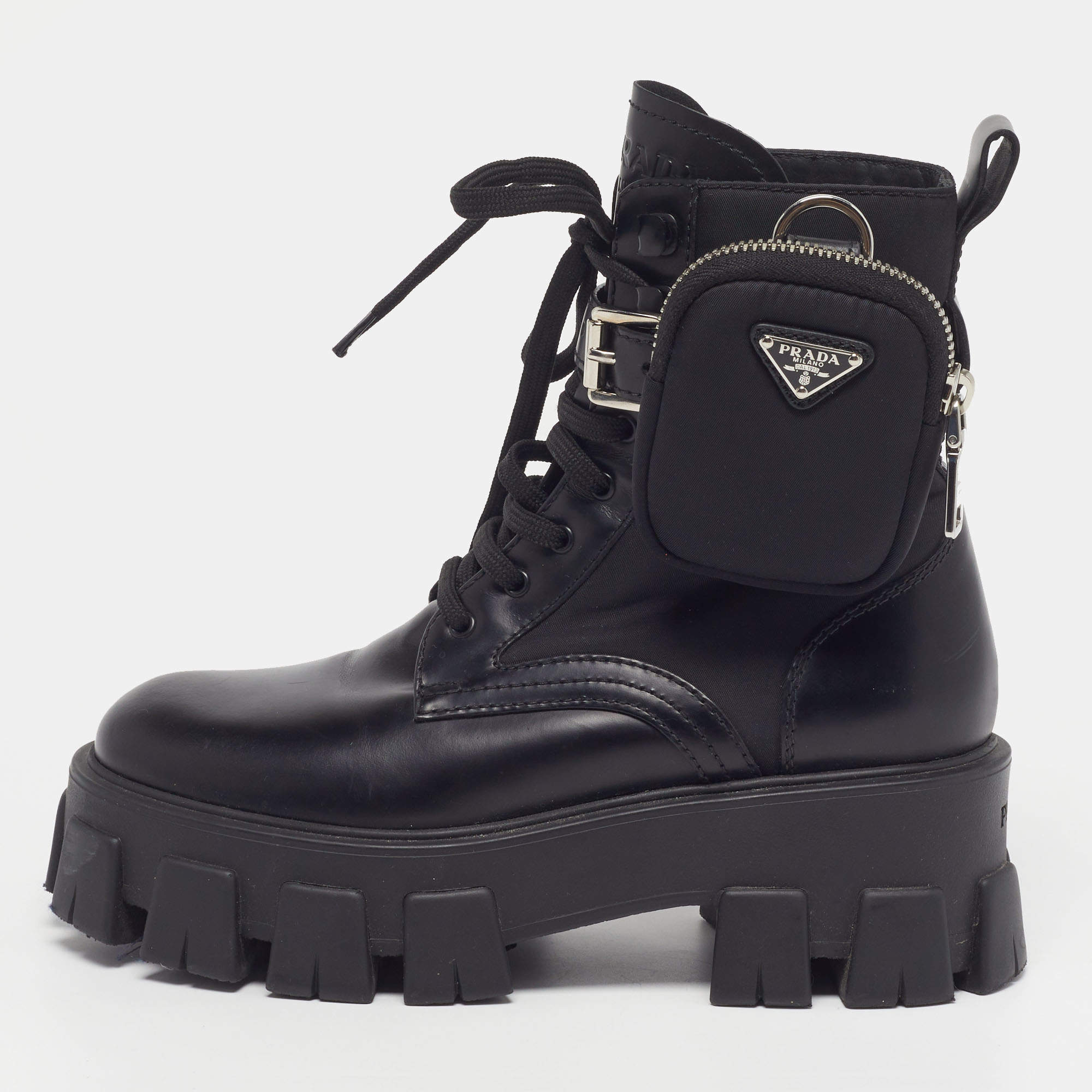 Pre Owned حذاء بوت كاحل برادا نيوبرين ومطاط أسود طول الكاحل مقاس 36.5