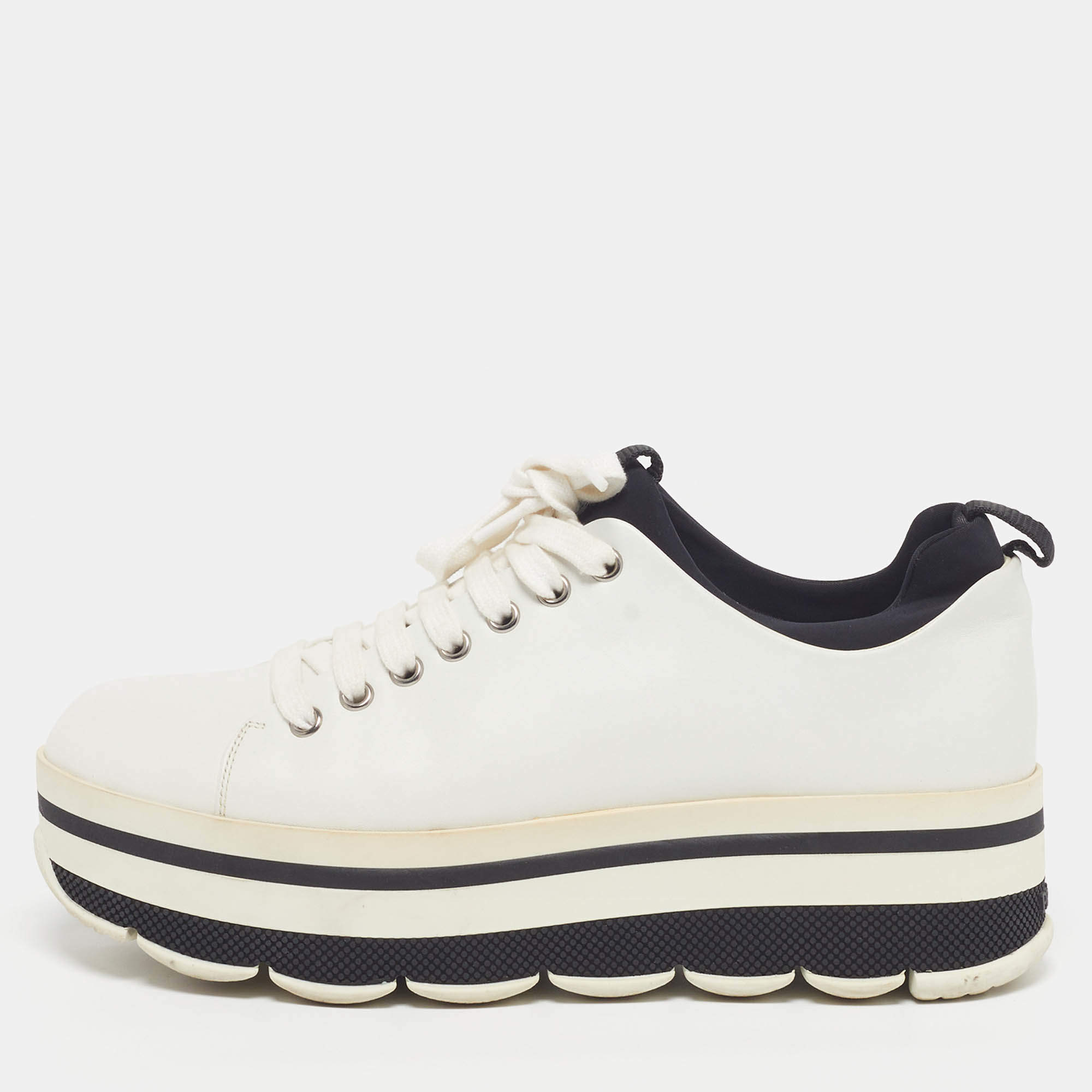 Pre Owned Prada Size 38 White/Black Leather Platform Lace Up Sneakers