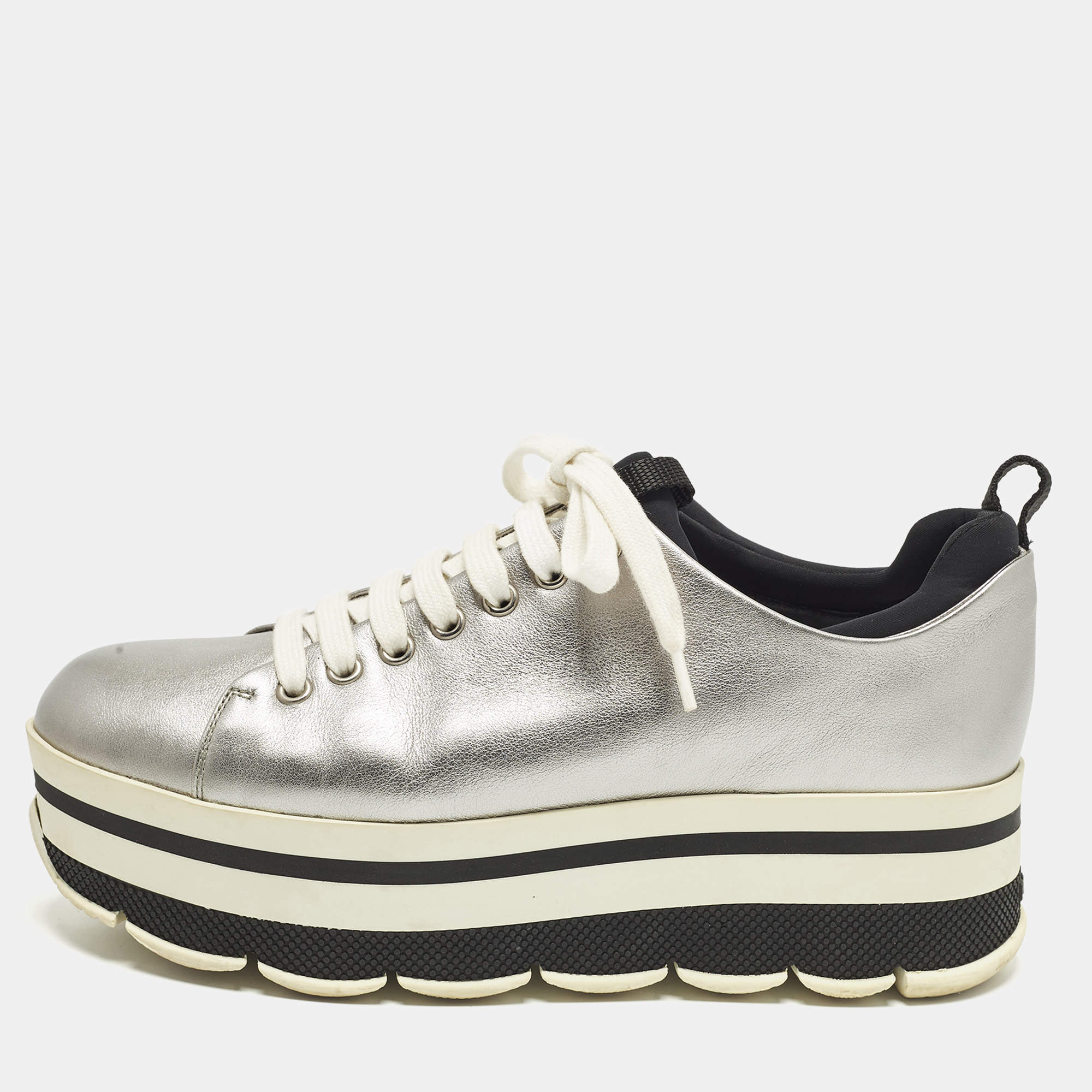 Pre Owned Prada Size 38.5 Silver Leather Platform Lace Up Sneakers