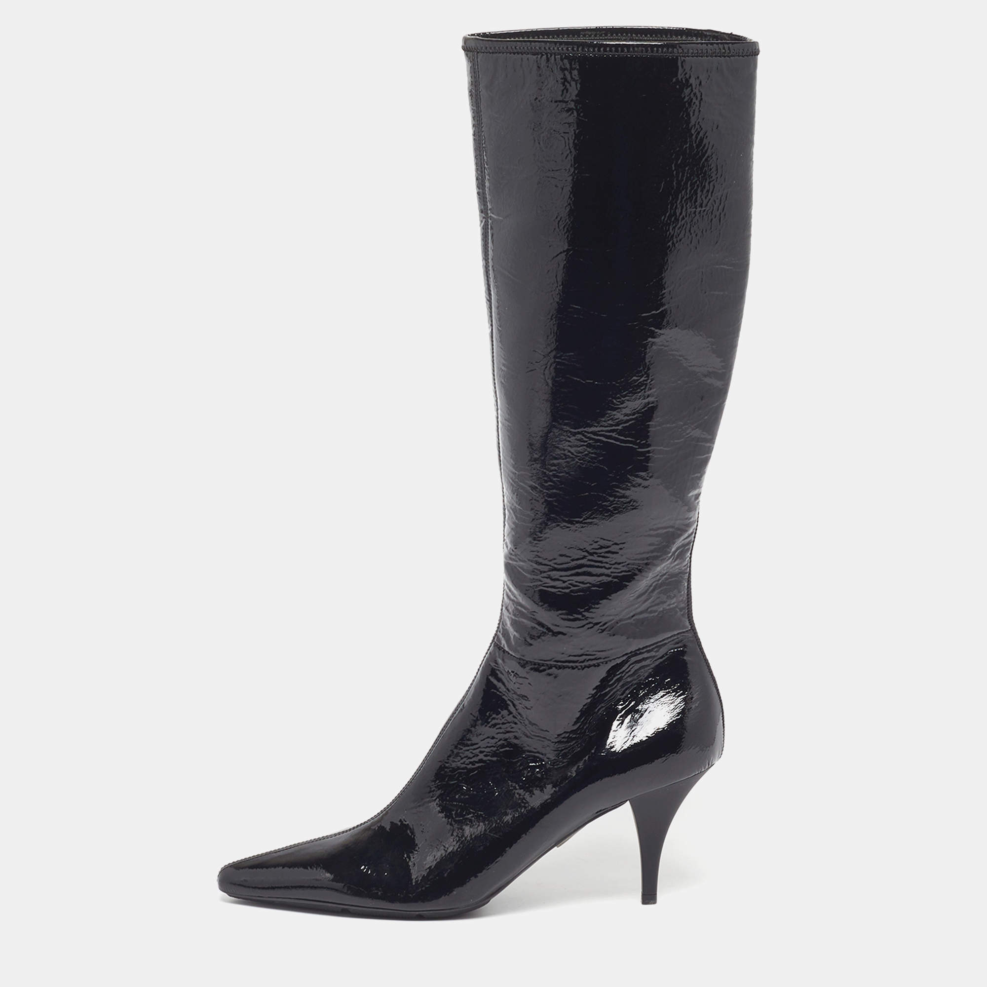 Pre Owned Prada Size 39 Black Patent Leather Pointed Toe Knee Length Boots