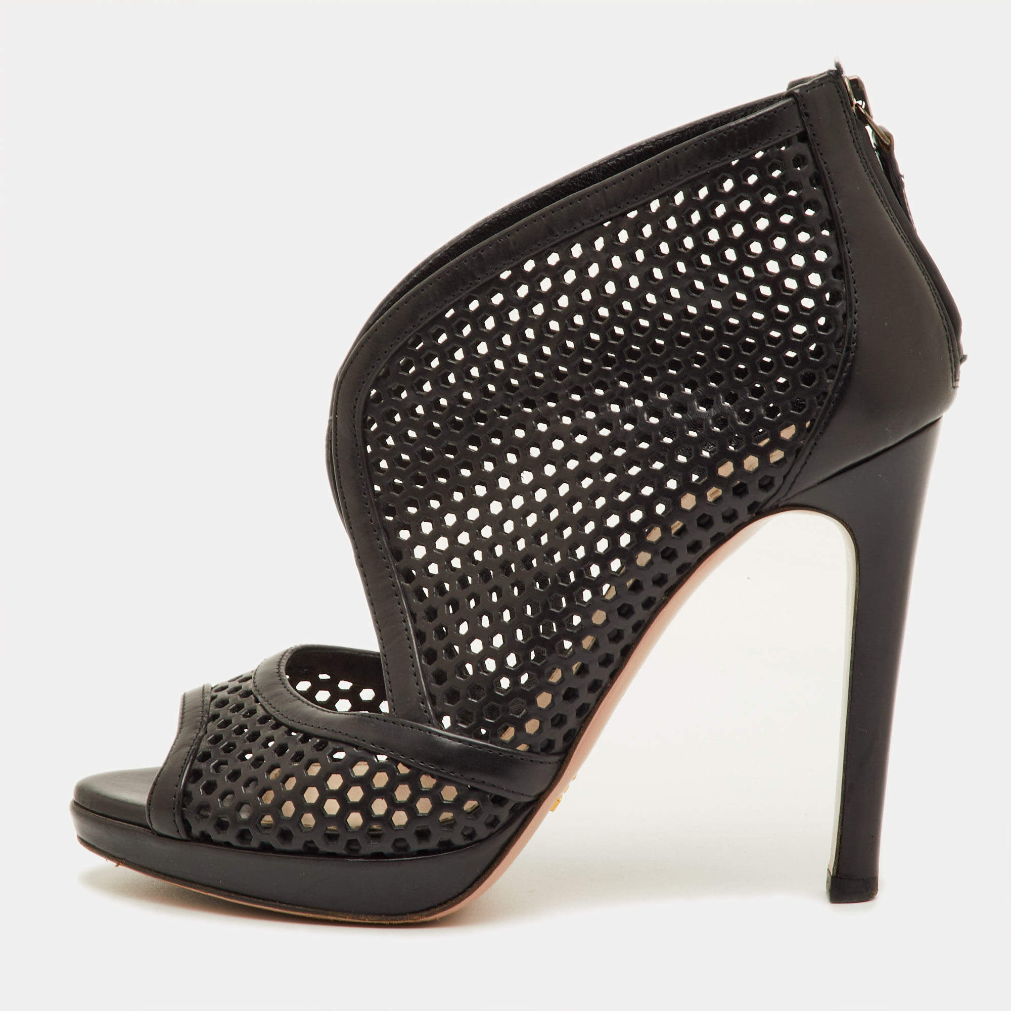 مملوكة مسبقًا Prada Size 37 Black Perforated Leather Open Toe Ankle Booties