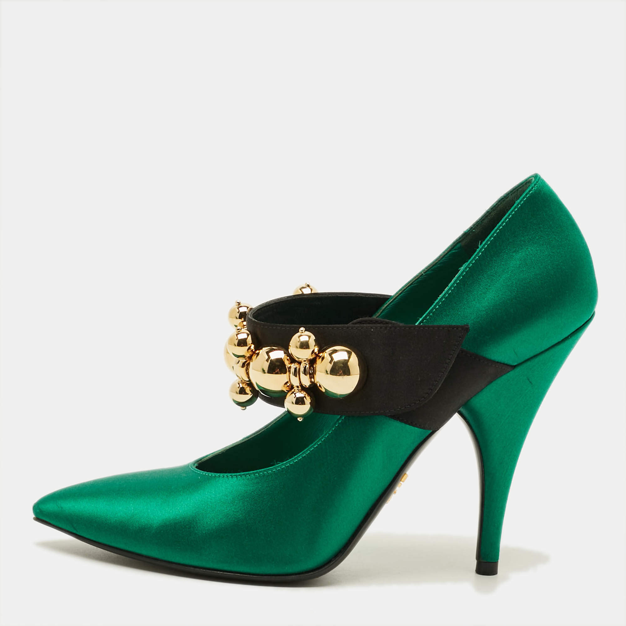 Pre Owned Prada Size 38.5 Green/Black Satin Embellished Mary Jane Pumps