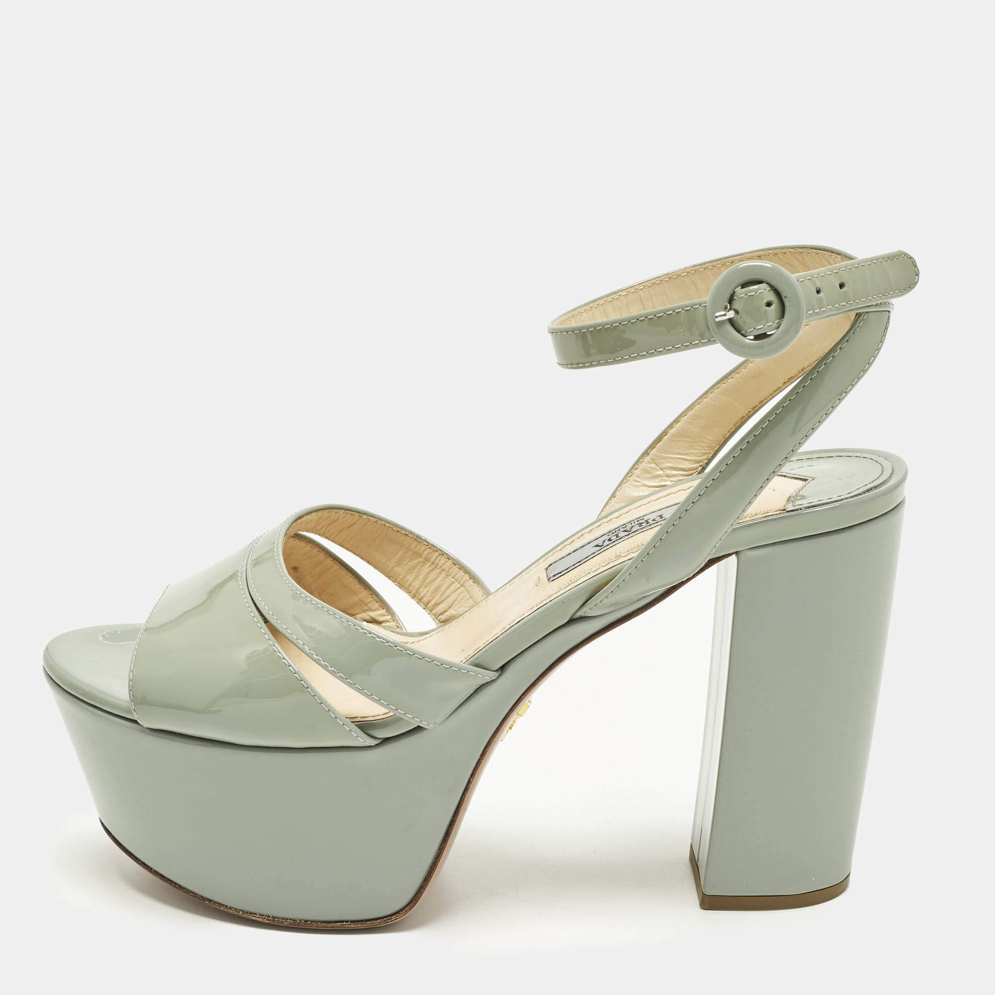 Pre Owned Prada Size 36.5 Blue Patent Leather Platform  Ankle Strap Sandals