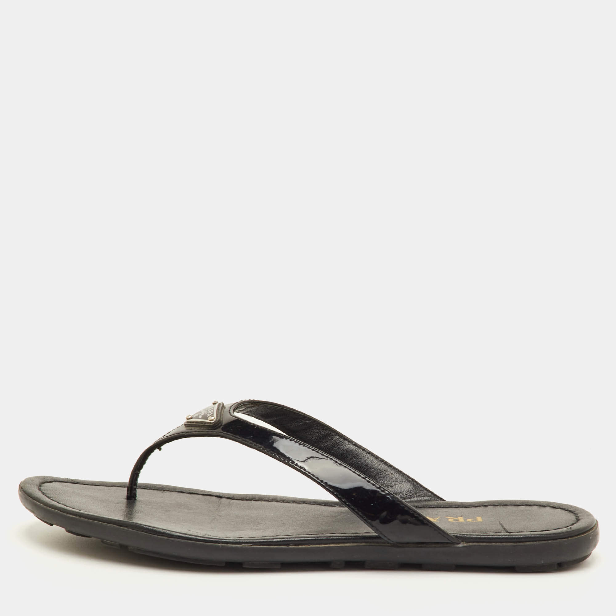 Pre Owned Prada Triangle Logo Size 37 Black Patent Leather Thong Flats