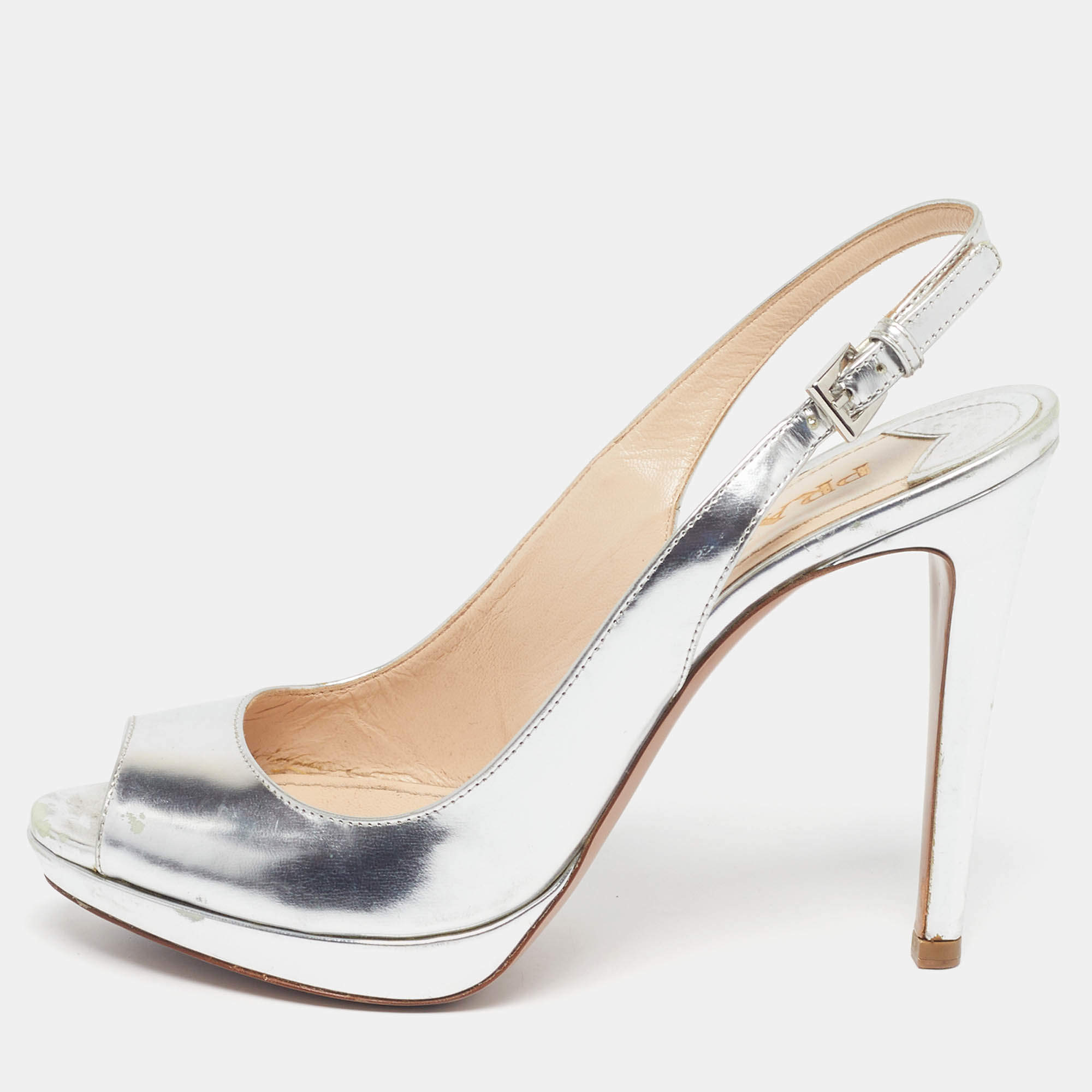 Pre Owned حذاء كعب عالي برادا جلد لامع أصفر مقدمة دائرية وحزام كاحل مقاس 39