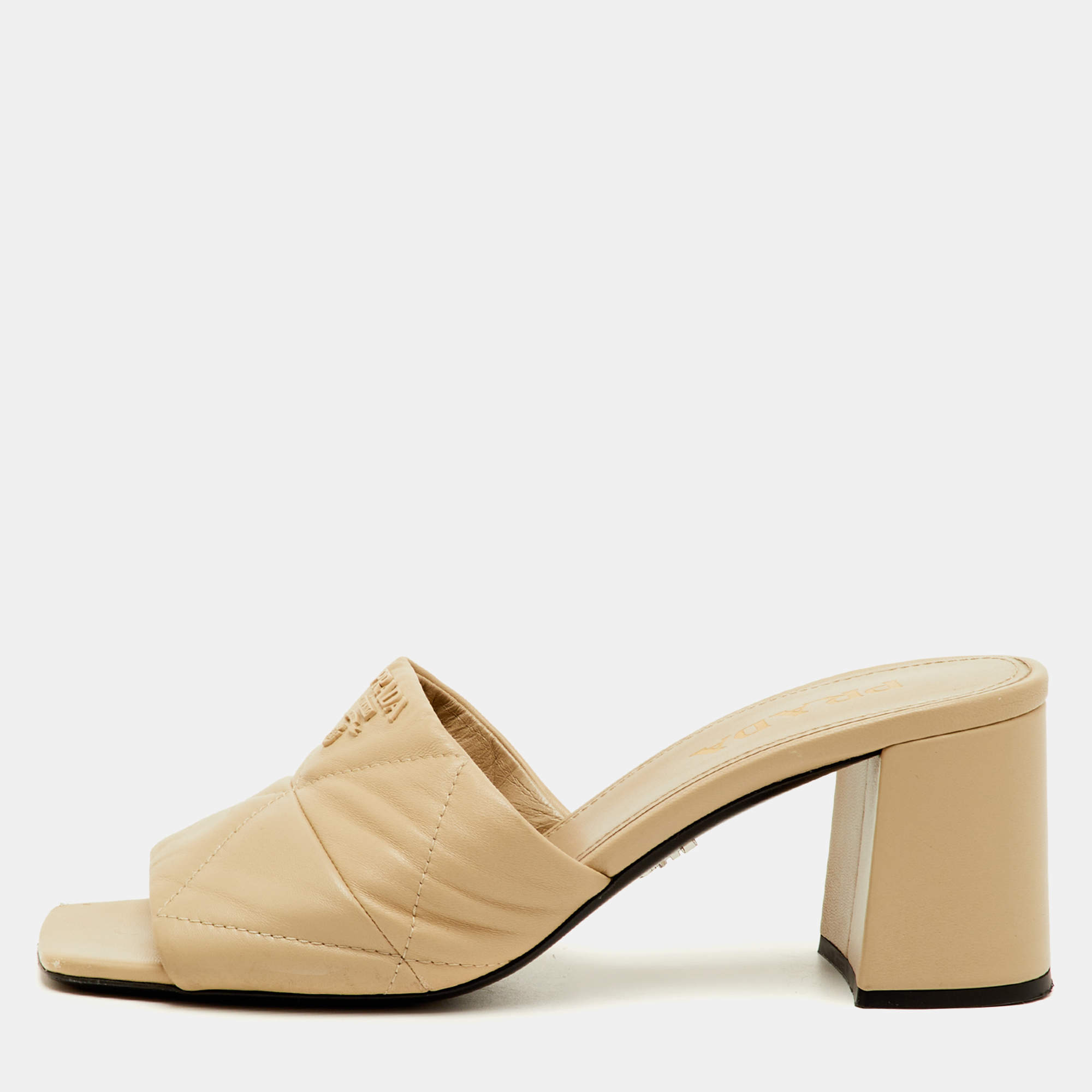 Pre Owned Prada Size 39.5 Beige Quilted Leather Block Heel Slide Sandals