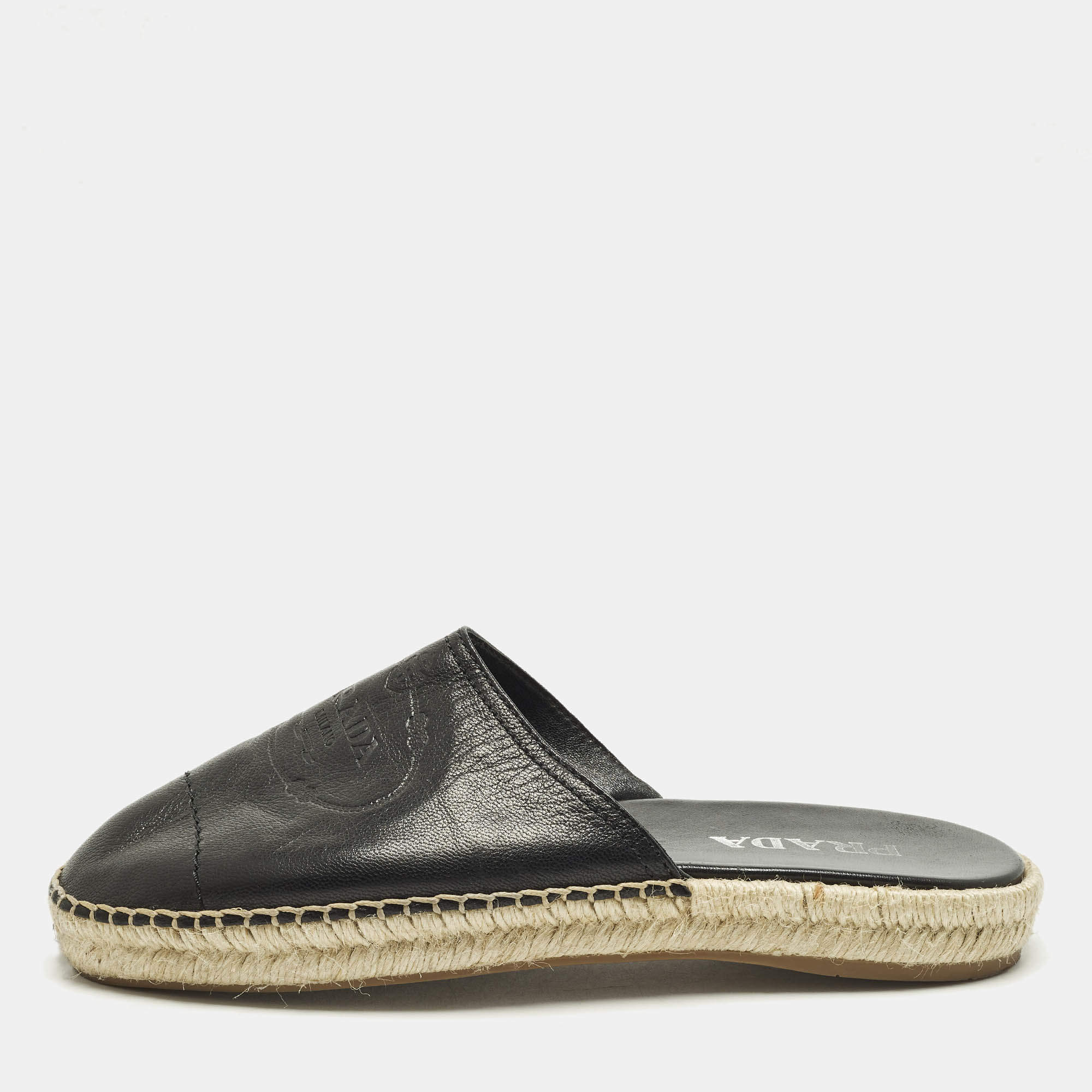 مملوكة مسبقًا Prada Size 40.5 Black Leather Espadrille Mules
