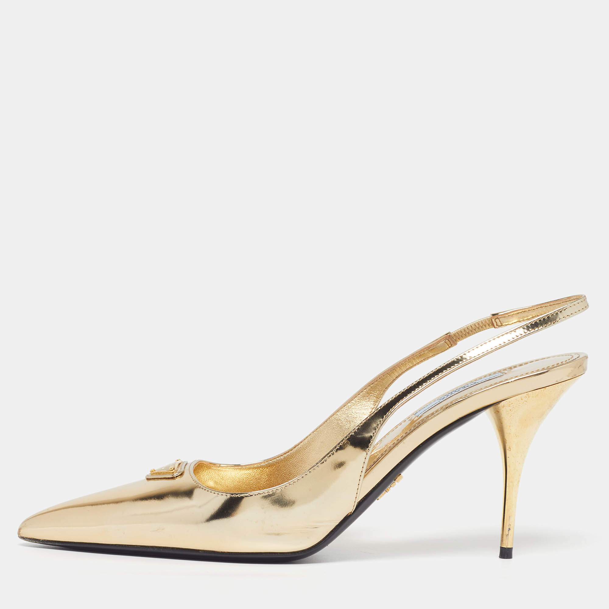 Pre Owned Prada Size 40 Gold Patent Leather Logo Plaque Slingback Pumps
