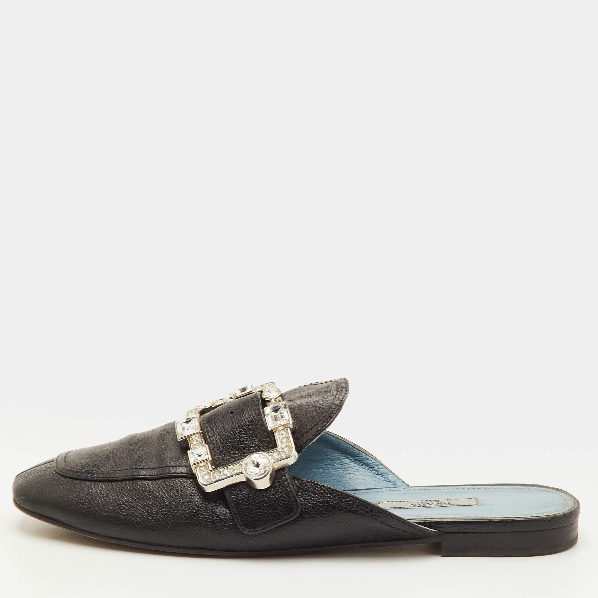 Pre Owned Prada Size 40 Black Leather Crystal Embellished Buckle Detail Flat Mules