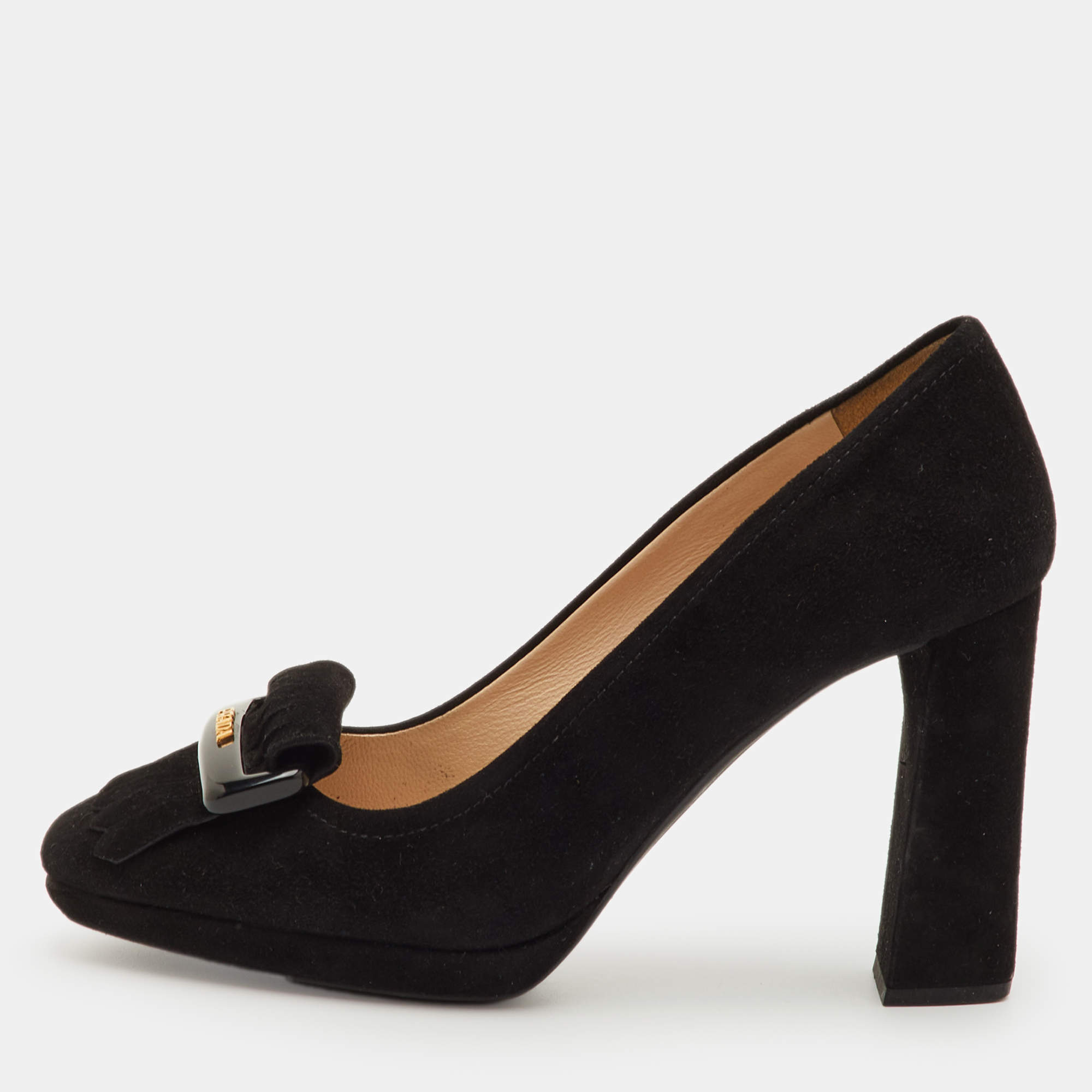 Pre Owned Prada Size 35 Black Suede Fringe Block Heel Pumps