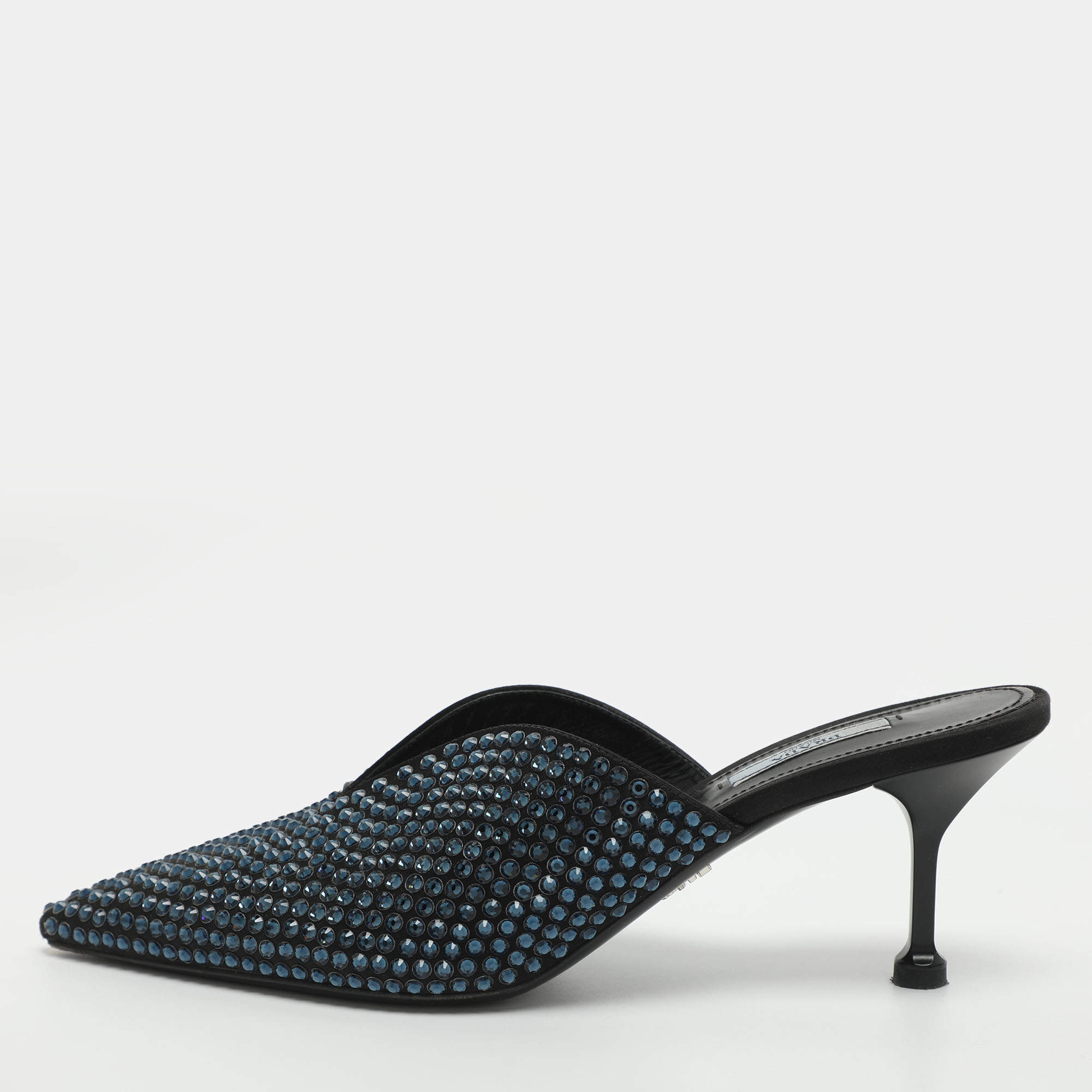 مملوكة مسبقًا Prada Crystal Embellished Size 41 Black/Blue Satin Mules