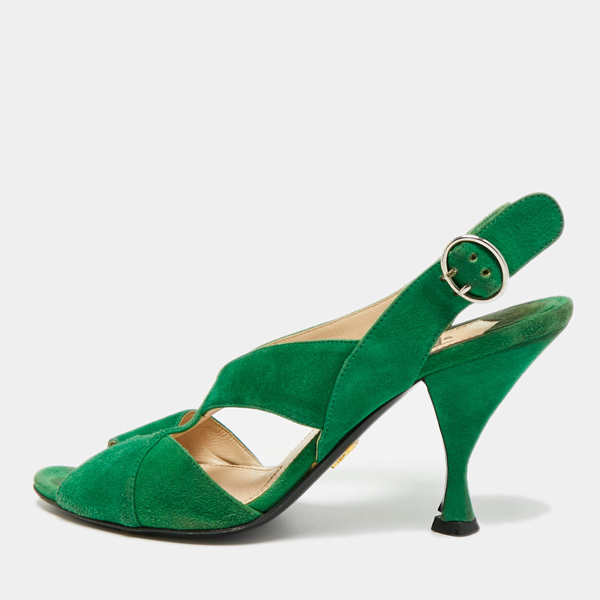 Pre Owned صندل سلايد برادا فتحة كعب جلد شامواه أخضر تقاطع مفتوح مقدمة مقاس 38