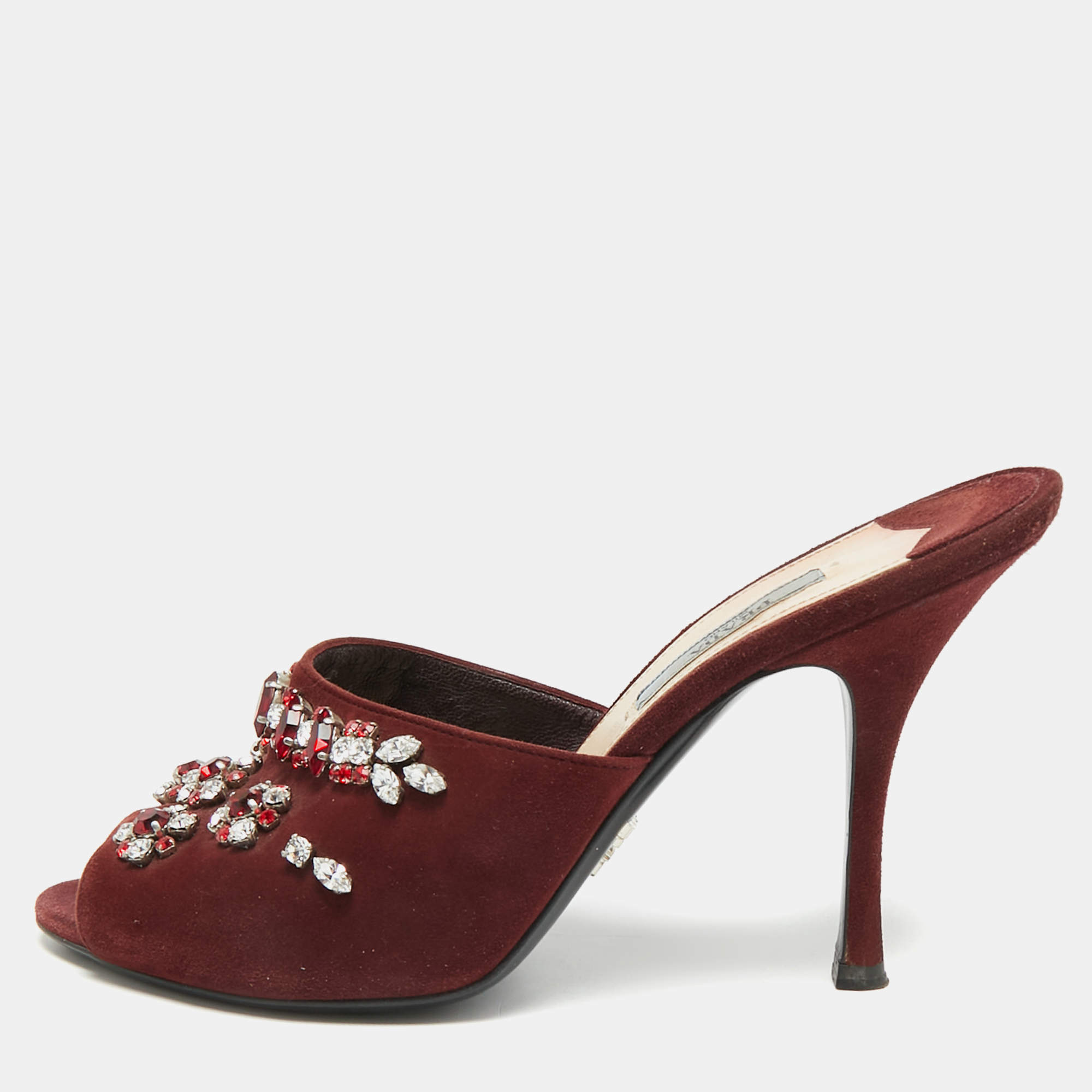 Pre Owned Prada Size 37.5 Burgundy Suede Crystal Embellish Mules