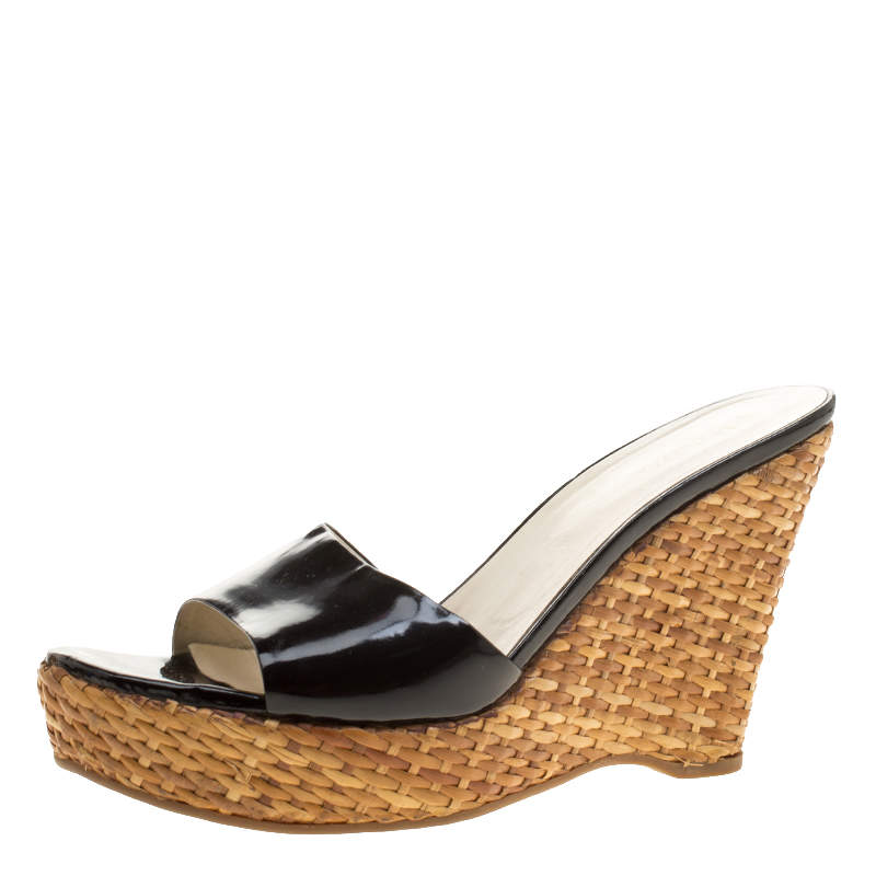 Prada Black Patent Leather Wedge Sandals Size 41