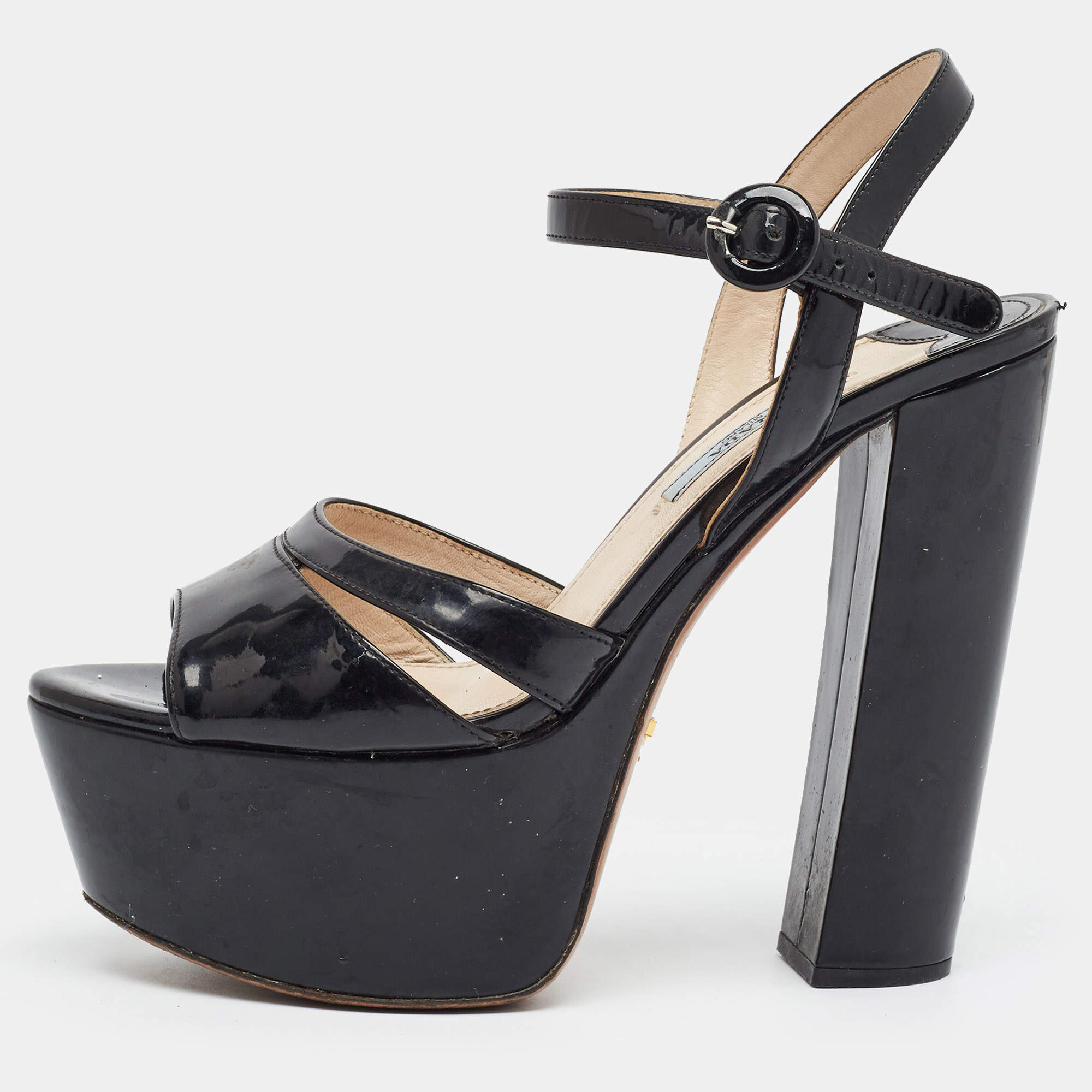 مملوكة مسبقًا Prada Size 37 Black Patent Leather Platform Ankle Strap Sandals