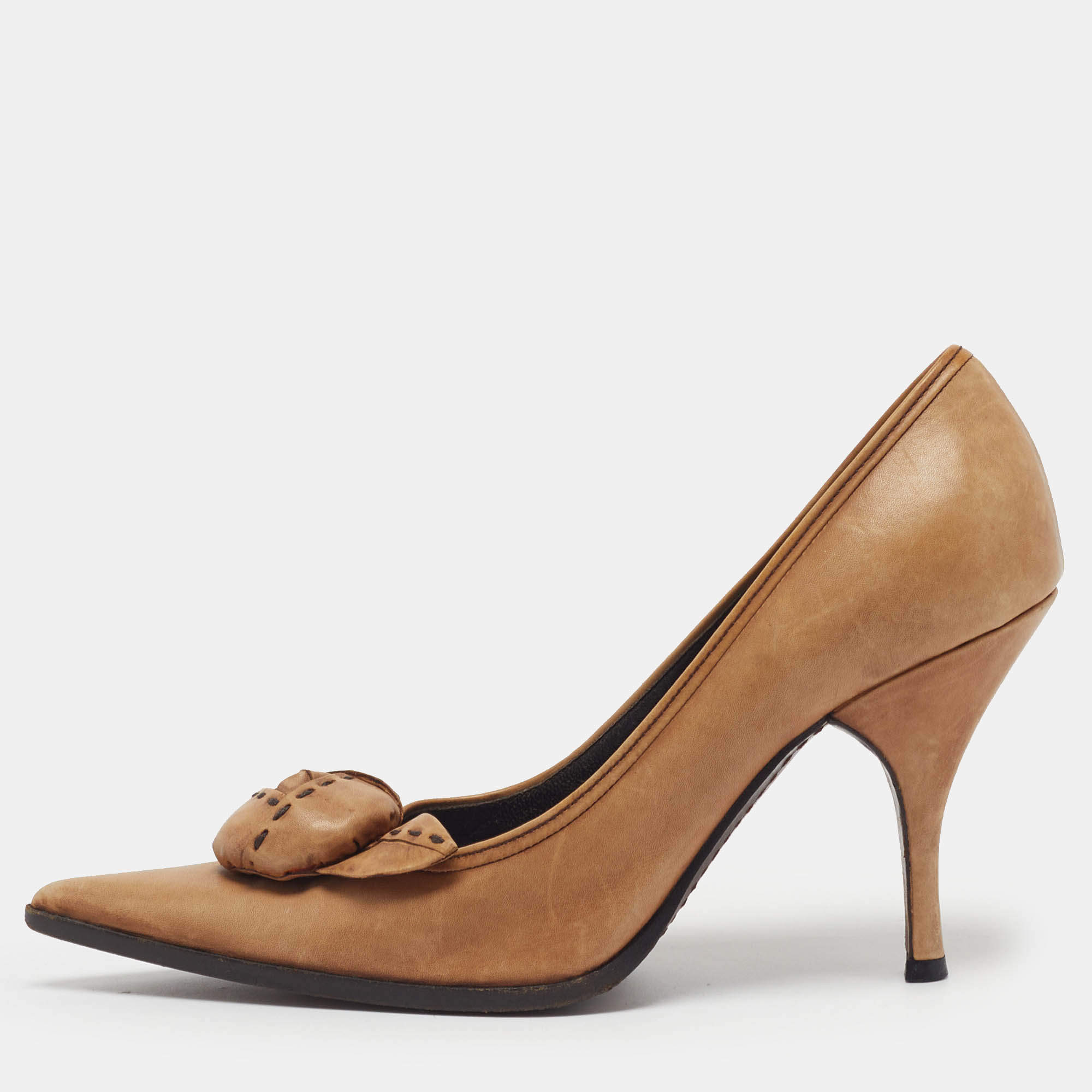 Pre Owned Prada Size 36.5 Tan Leather Pointed Toe Pumps