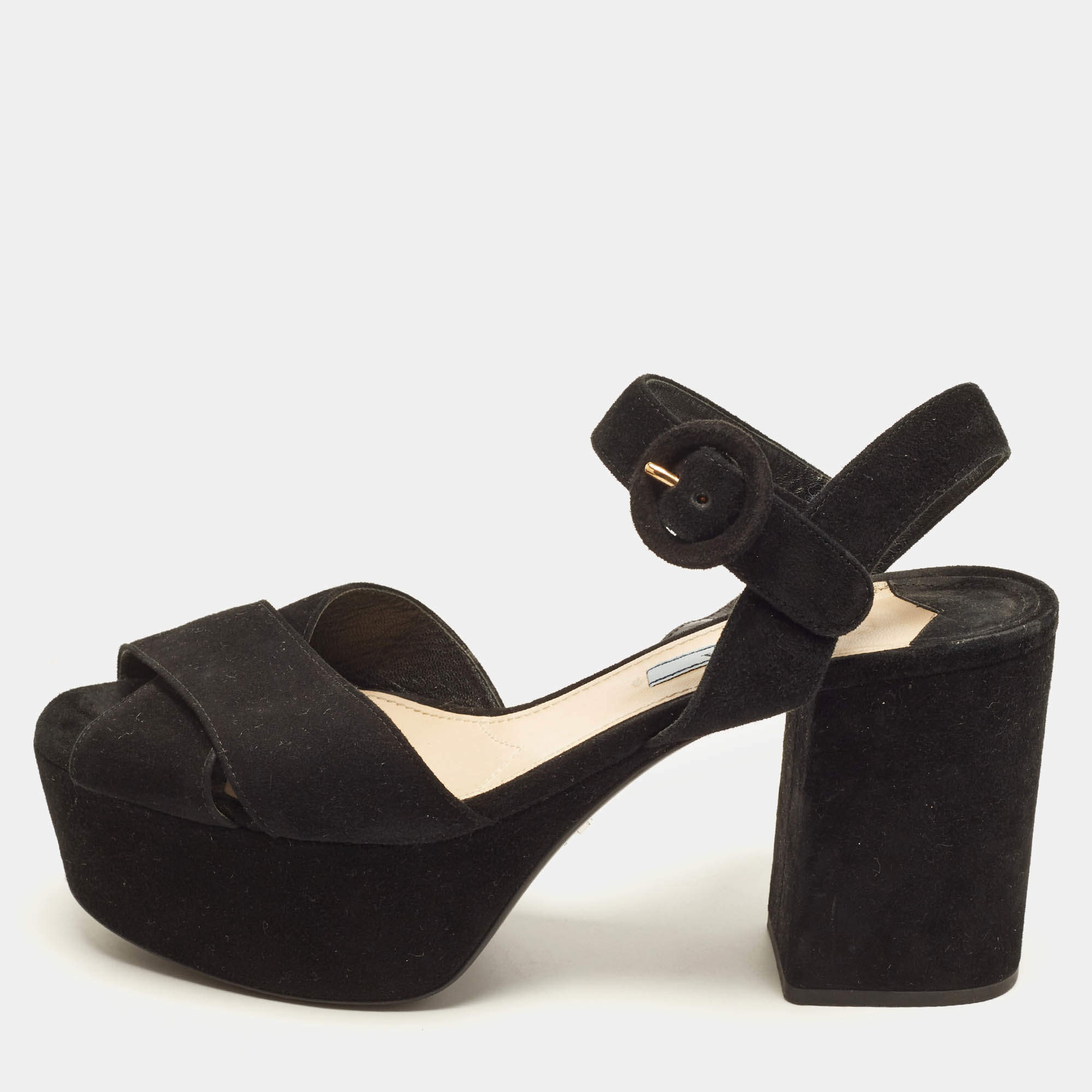 Pre Owned Prada Size 37.5 Black Suede Ankle Strap Sandals