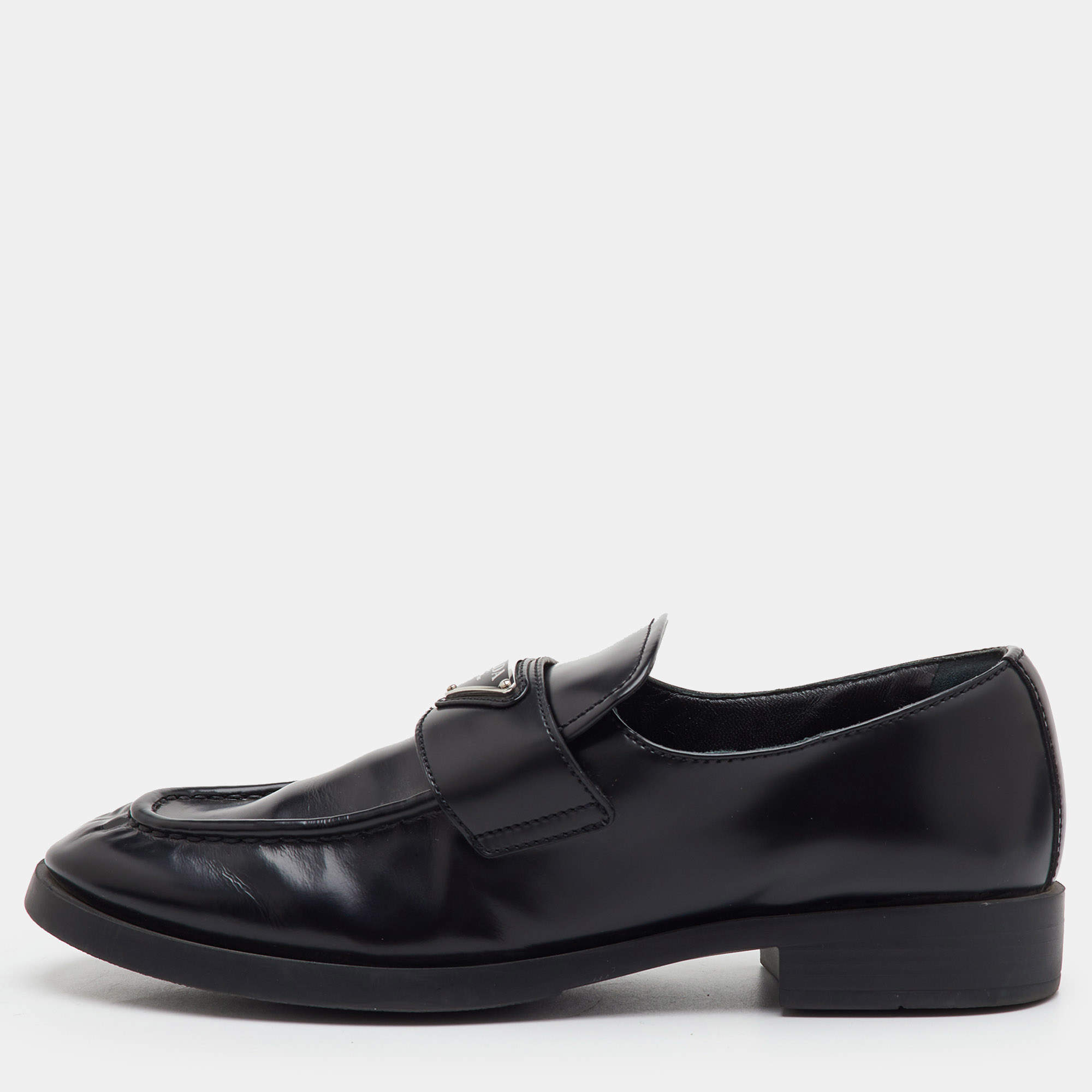 Pre Owned Prada Triangle Logo Plaque Size 38.5 Black Leather Slip On Loafers