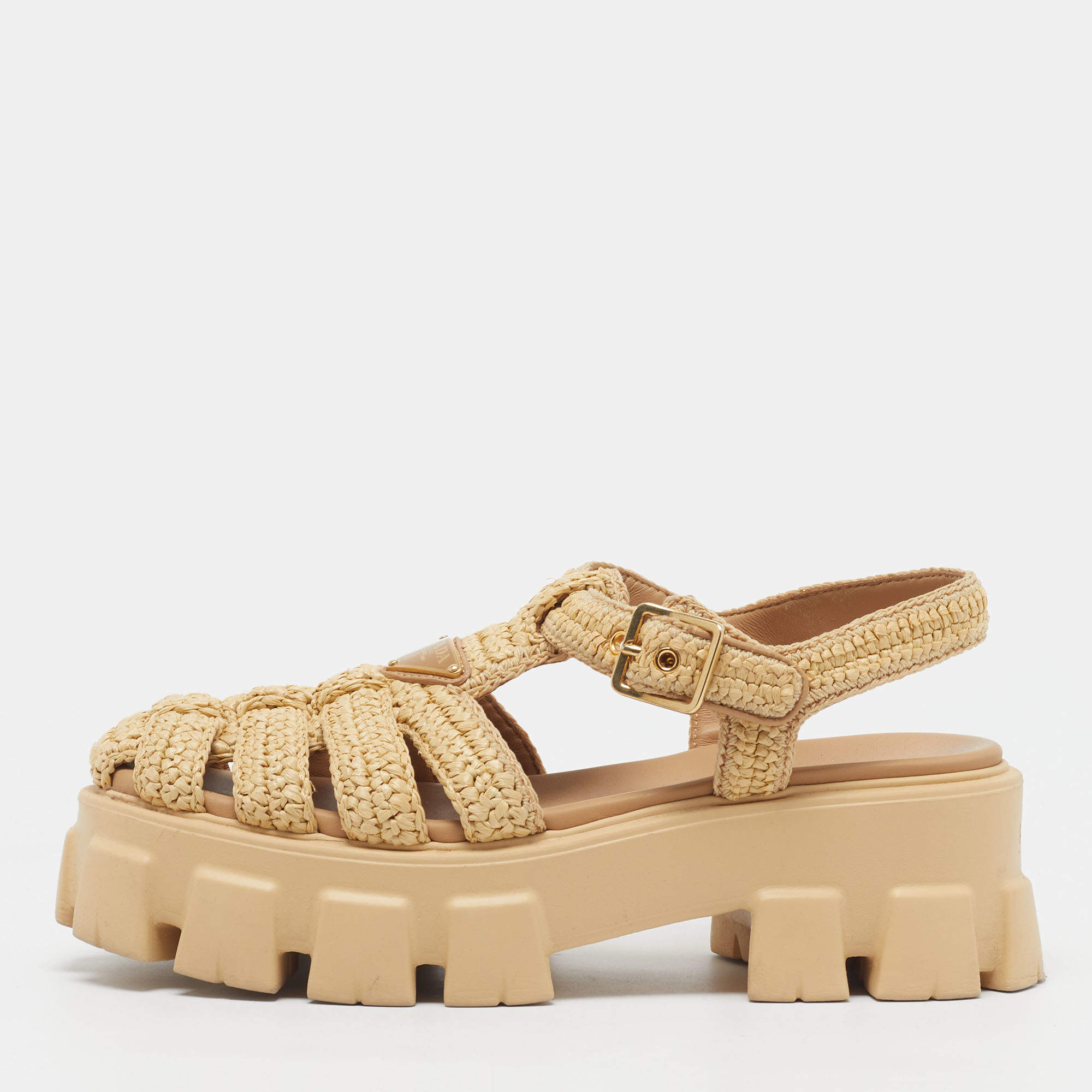 Pre Owned Prada Monolith Size 39 Beige Raffia Platform Sandals