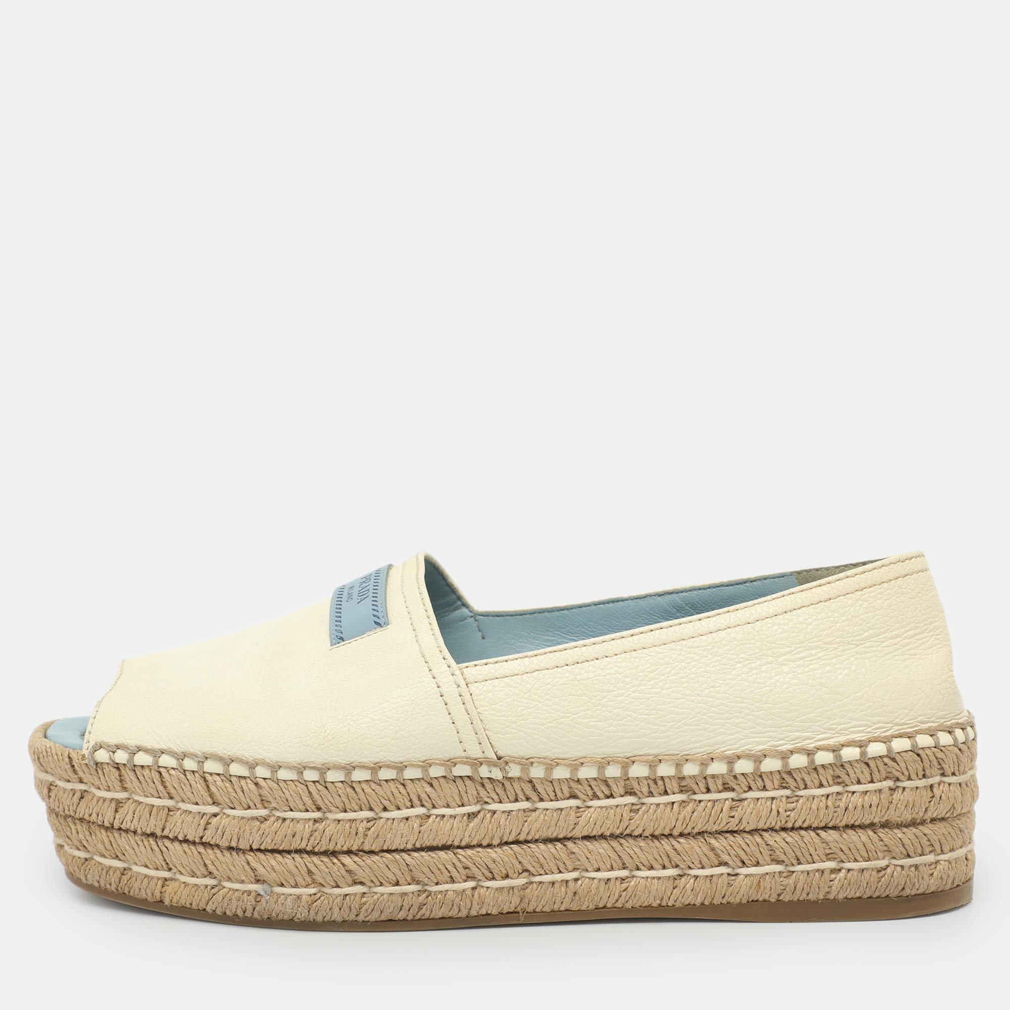 Pre Owned Prada Logo Size 38.5 White Leather Platform Espadrille Flats