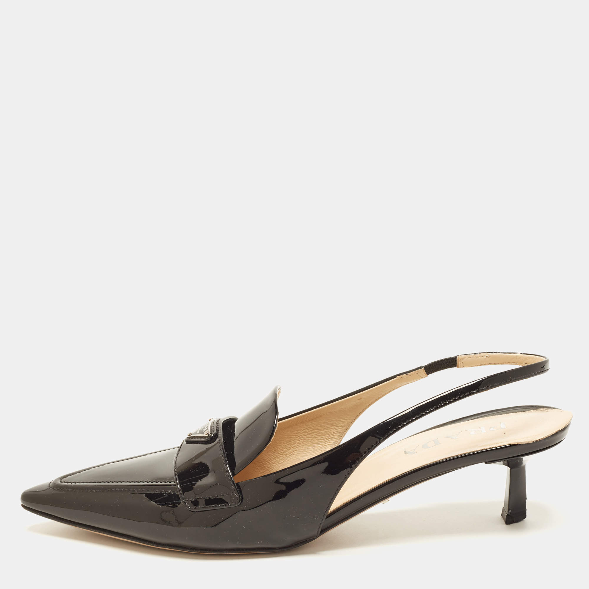 Pre Owned Prada Size 41 Black Patent Leather Triangle Logo Slingback Pumps
