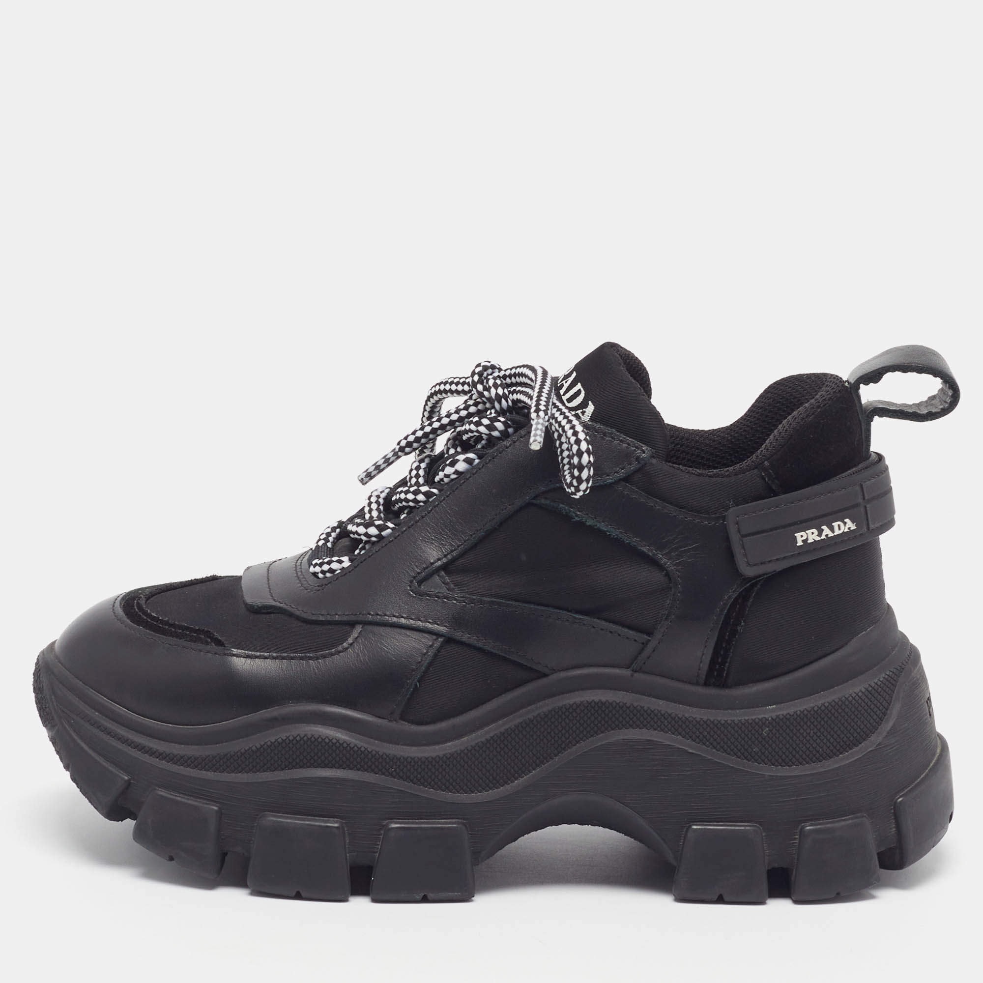 Pre Owned Prada Pegasus Chunky Size 36 Black Leather and Nylon Lace Up Sneakers