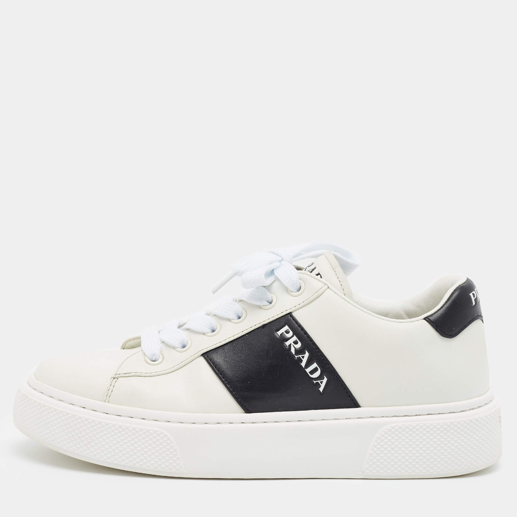Pre Owned Prada Size 36.5 White/Black Leather Low Top  Sneakers
